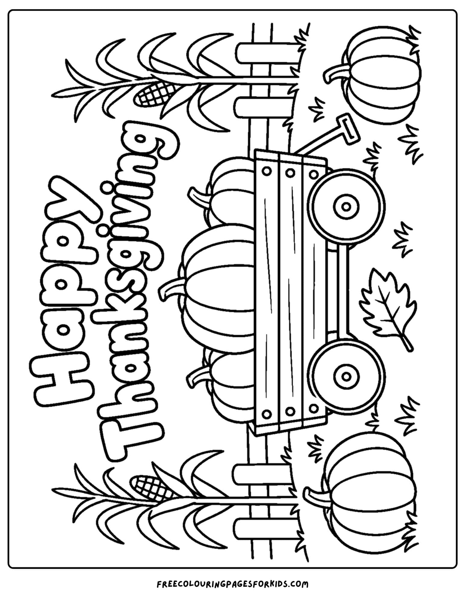 a coloring page for thanksgiving showing a wagon full of pumpkins on a farm