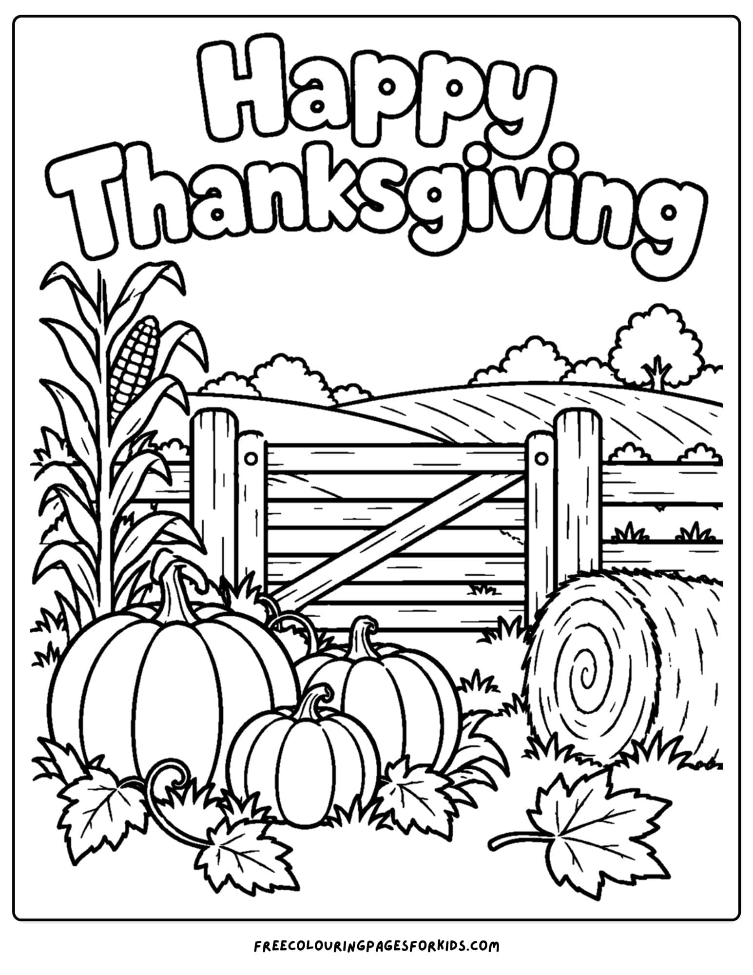 a coloring page for thanksgiving showing a farm gate with pumpkins, corn and a field in the background