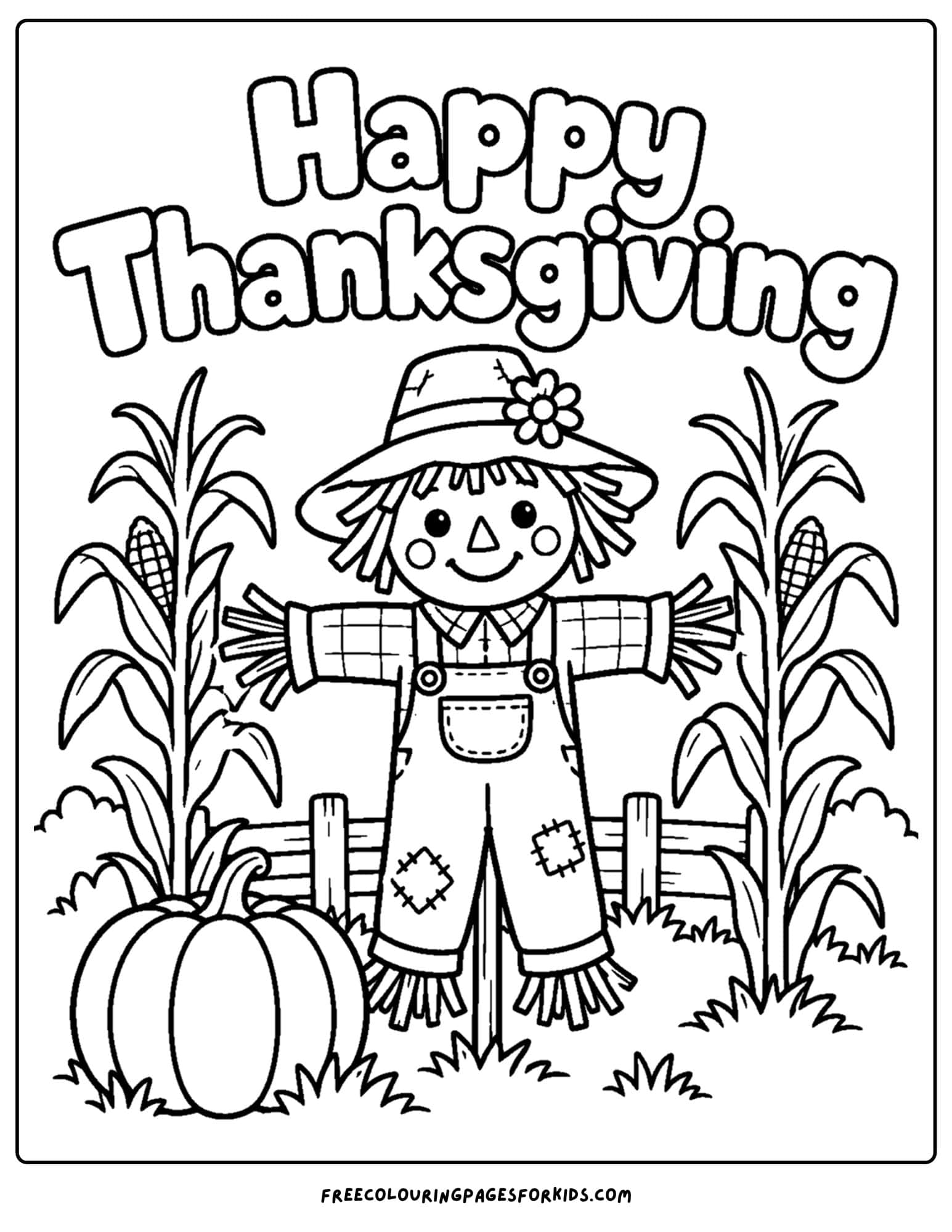 a coloring page for thanksgiving showing a scarecrow in a corn field