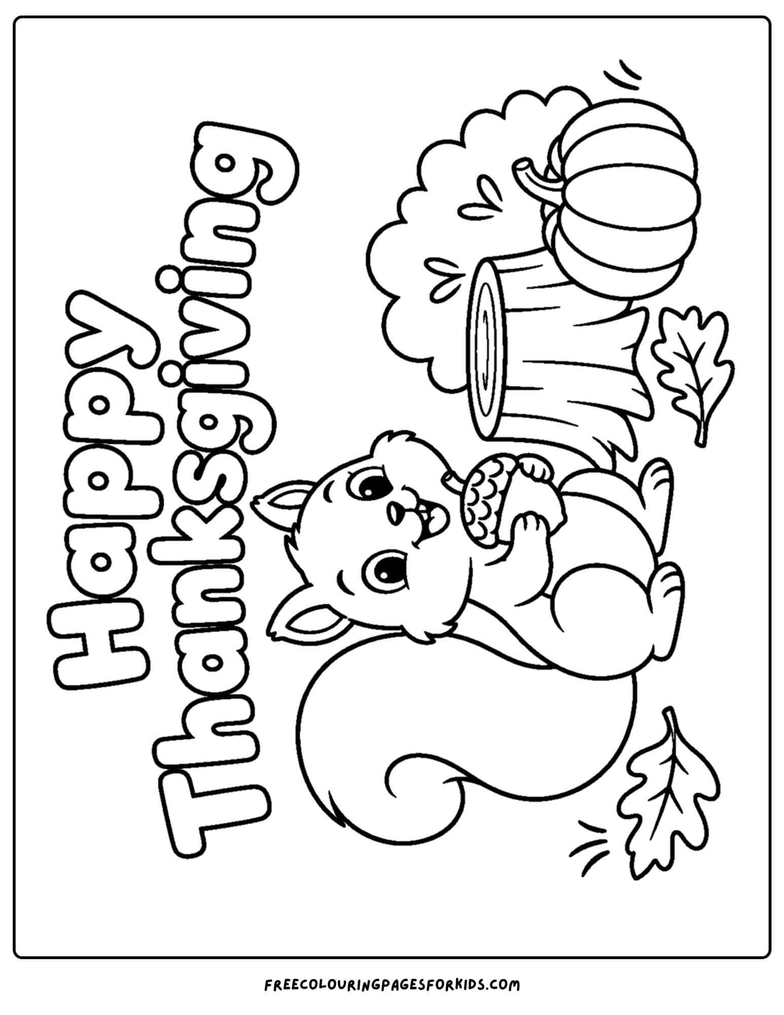 a coloring page for thanksgiving showing a squirrel beside a tree stump