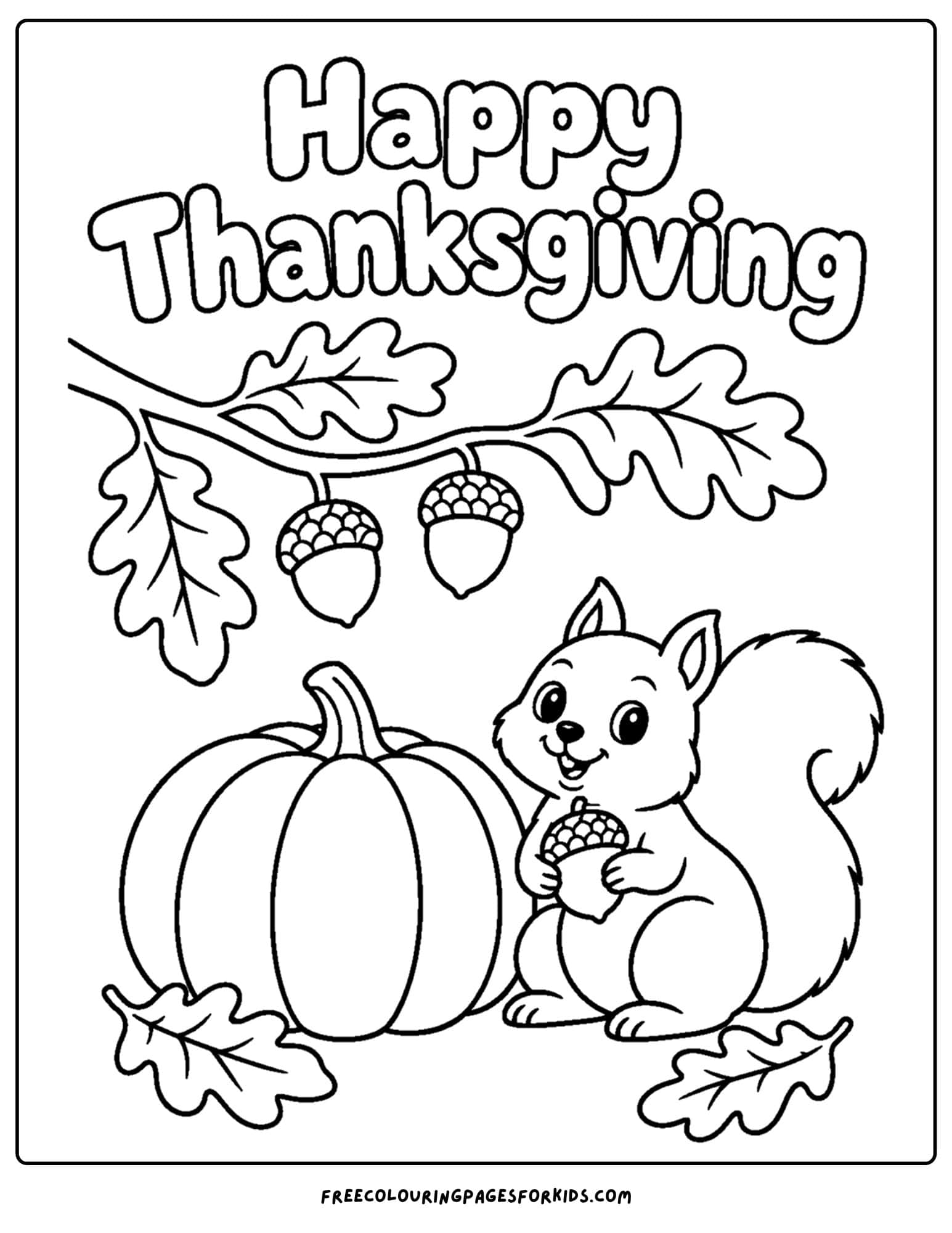 a coloring page for thanksgiving showing a squirrel beside a pumpkin