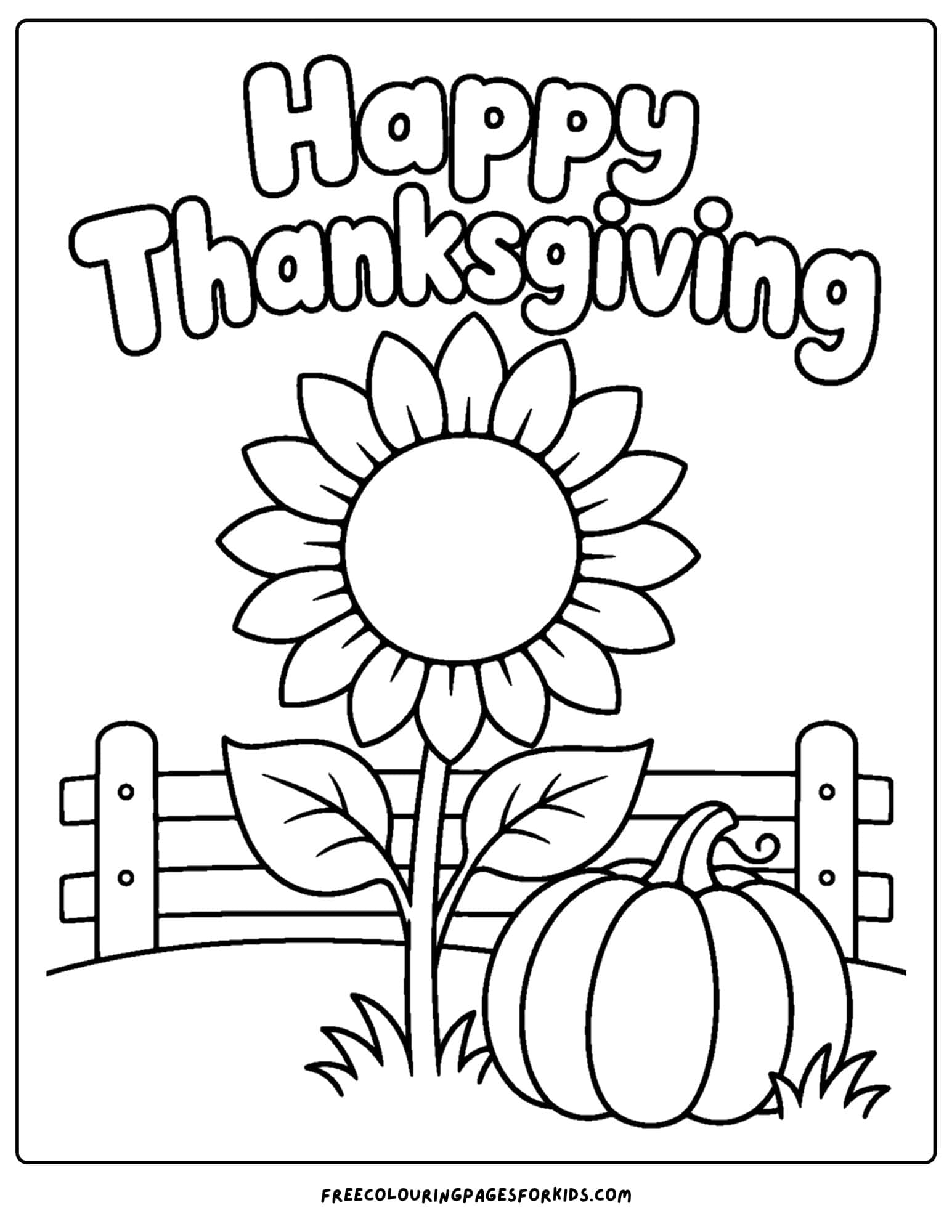 a coloring page for thanksgiving showing a sunflower and a pumpkin beside a fence