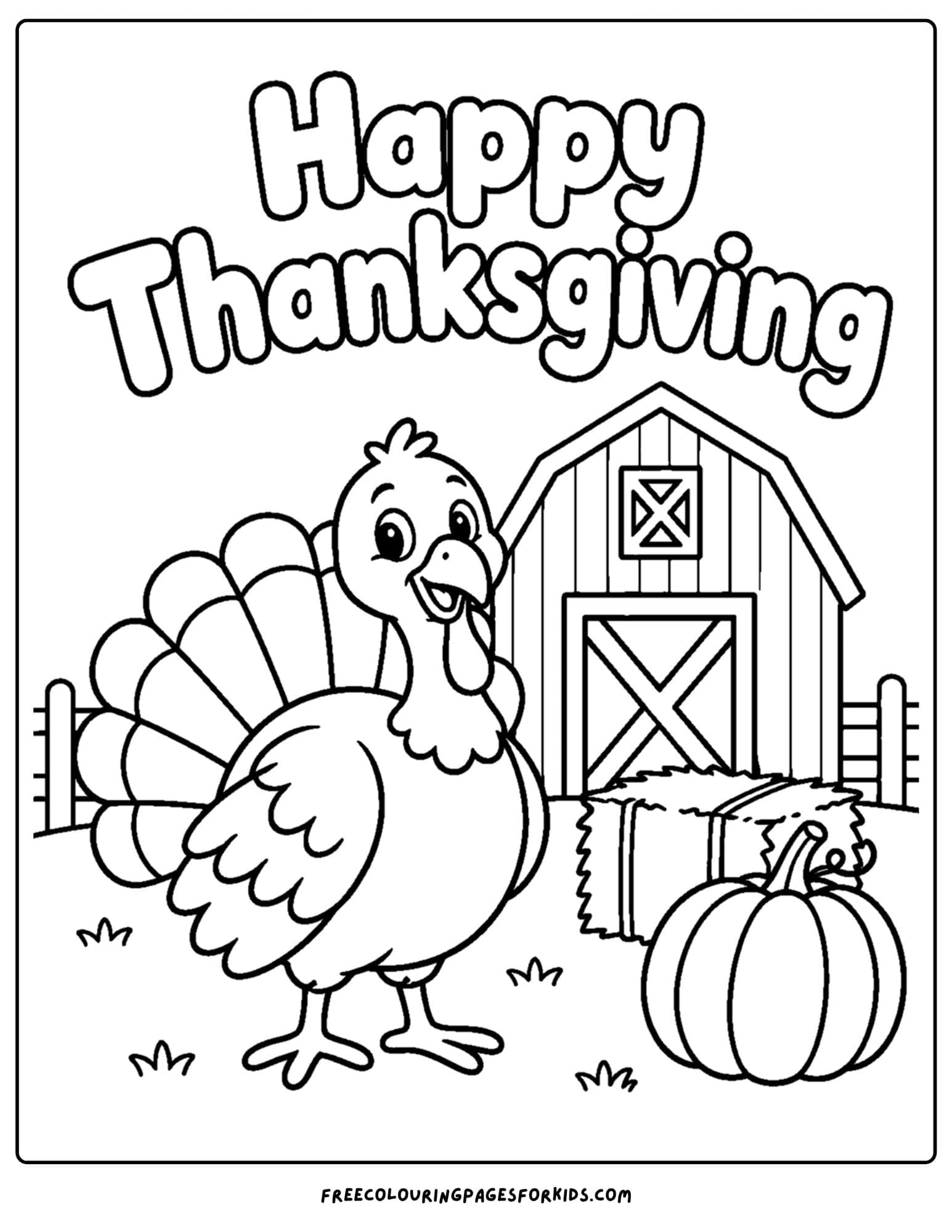 a coloring page for thanksgiving showing a turkey outside a barn