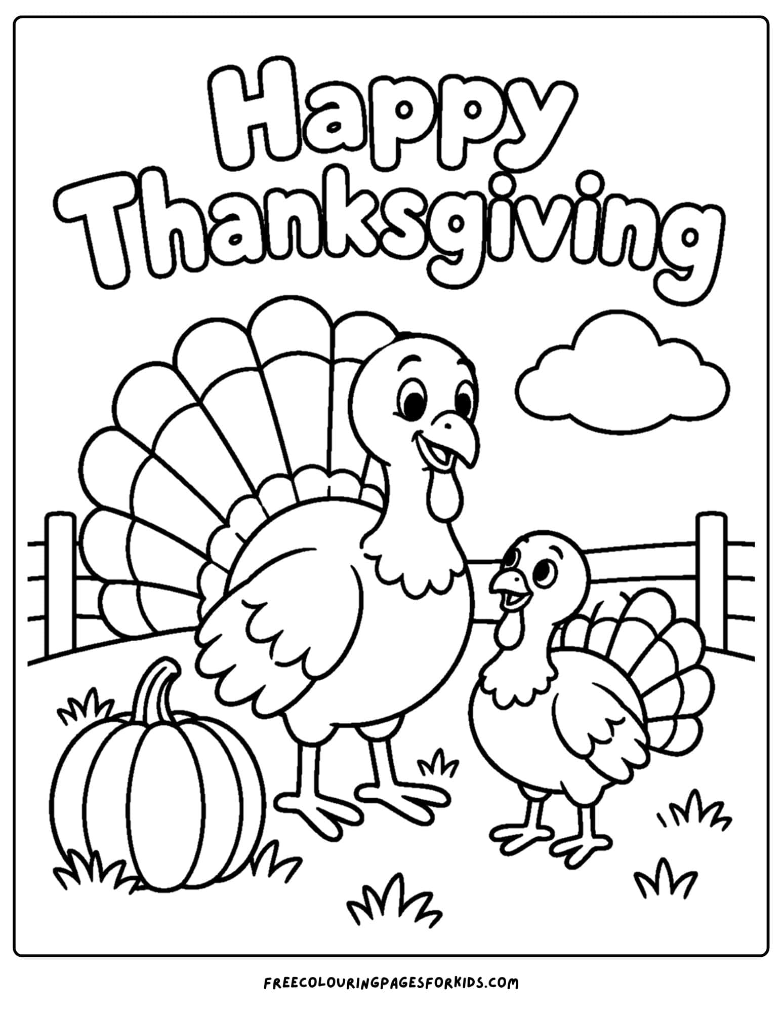 a coloring page for thanksgiving showing a turkey family