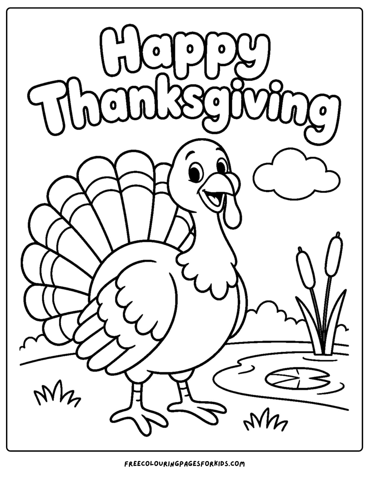 a coloring page for thanksgiving showing a turkey beside a pond