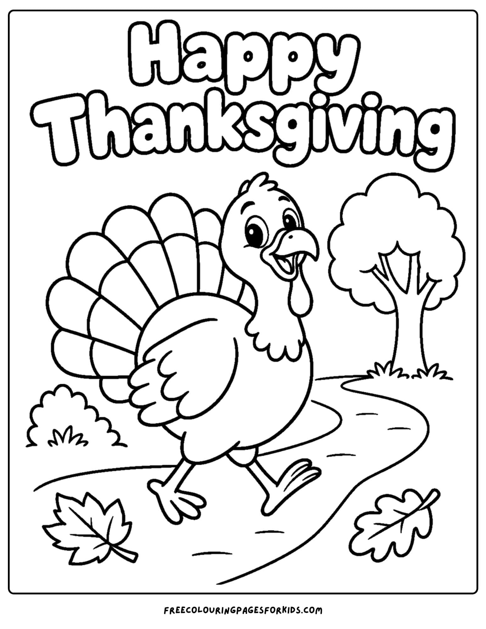 a coloring page for thanksgiving showing a turkey on a woodland path