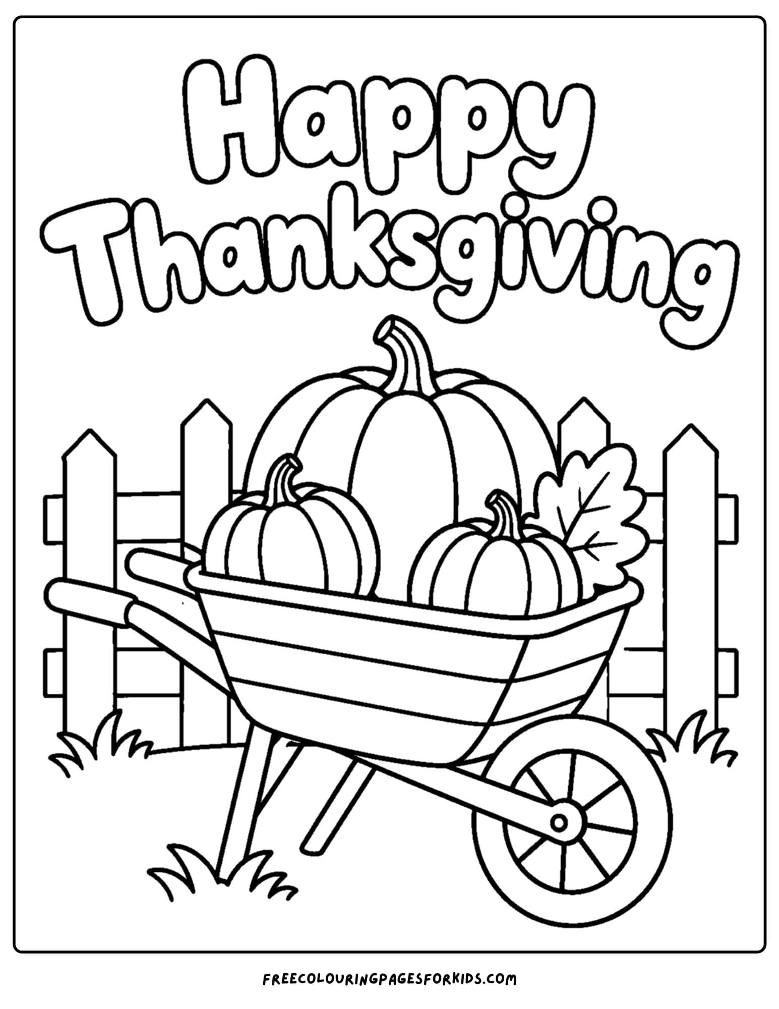a coloring page for thanksgiving showing a wheelbarrow full of pumpkins