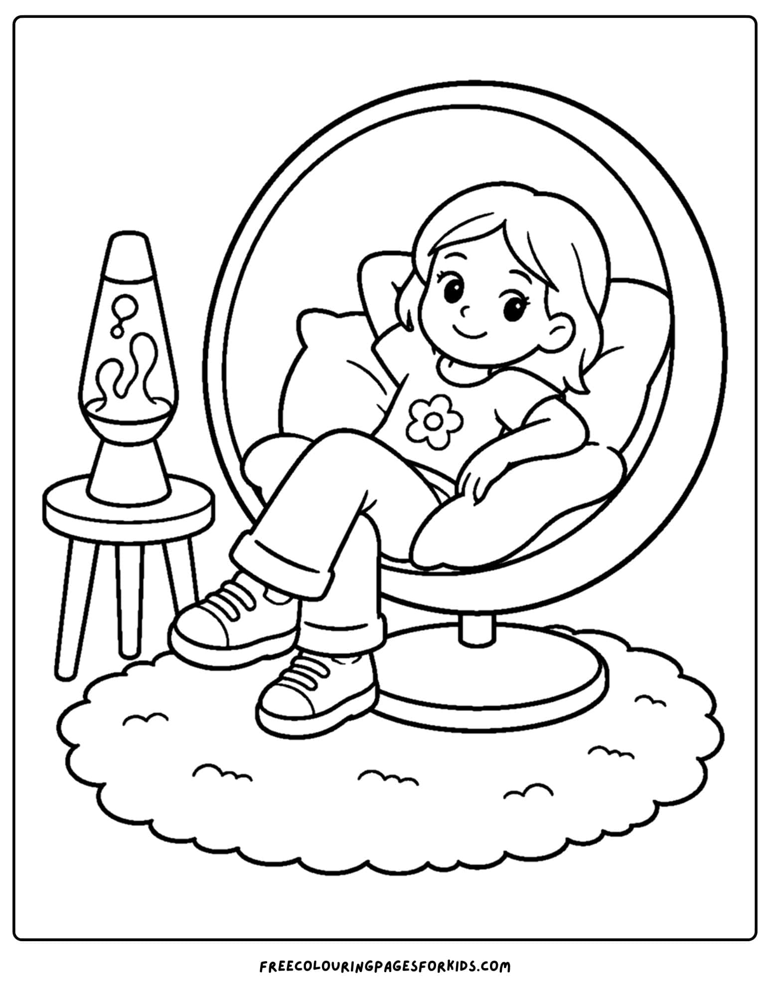 a y2k coloring page a child in a bubble chair