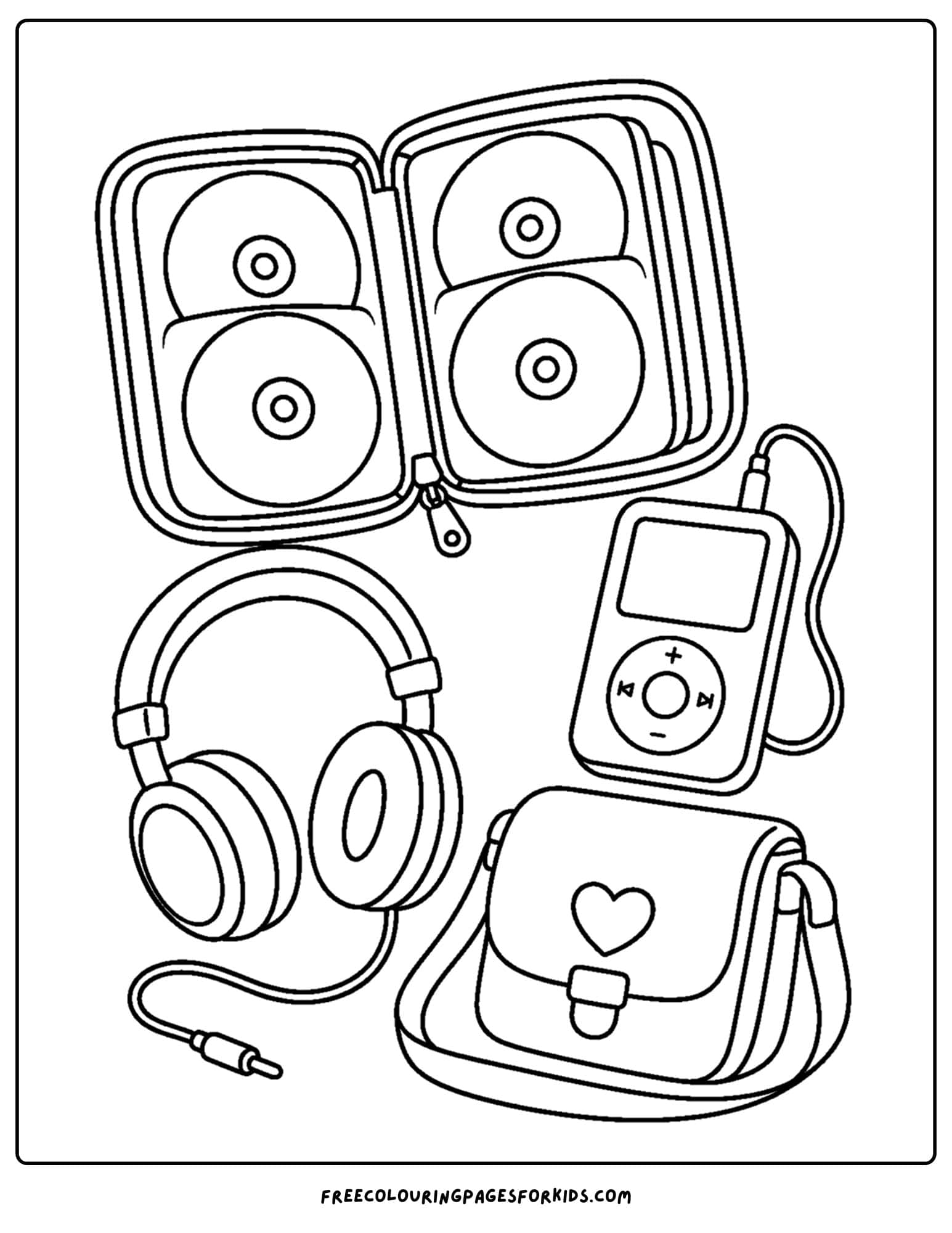 a y2k coloring page of a cd case full of cds with an ipod and headphones