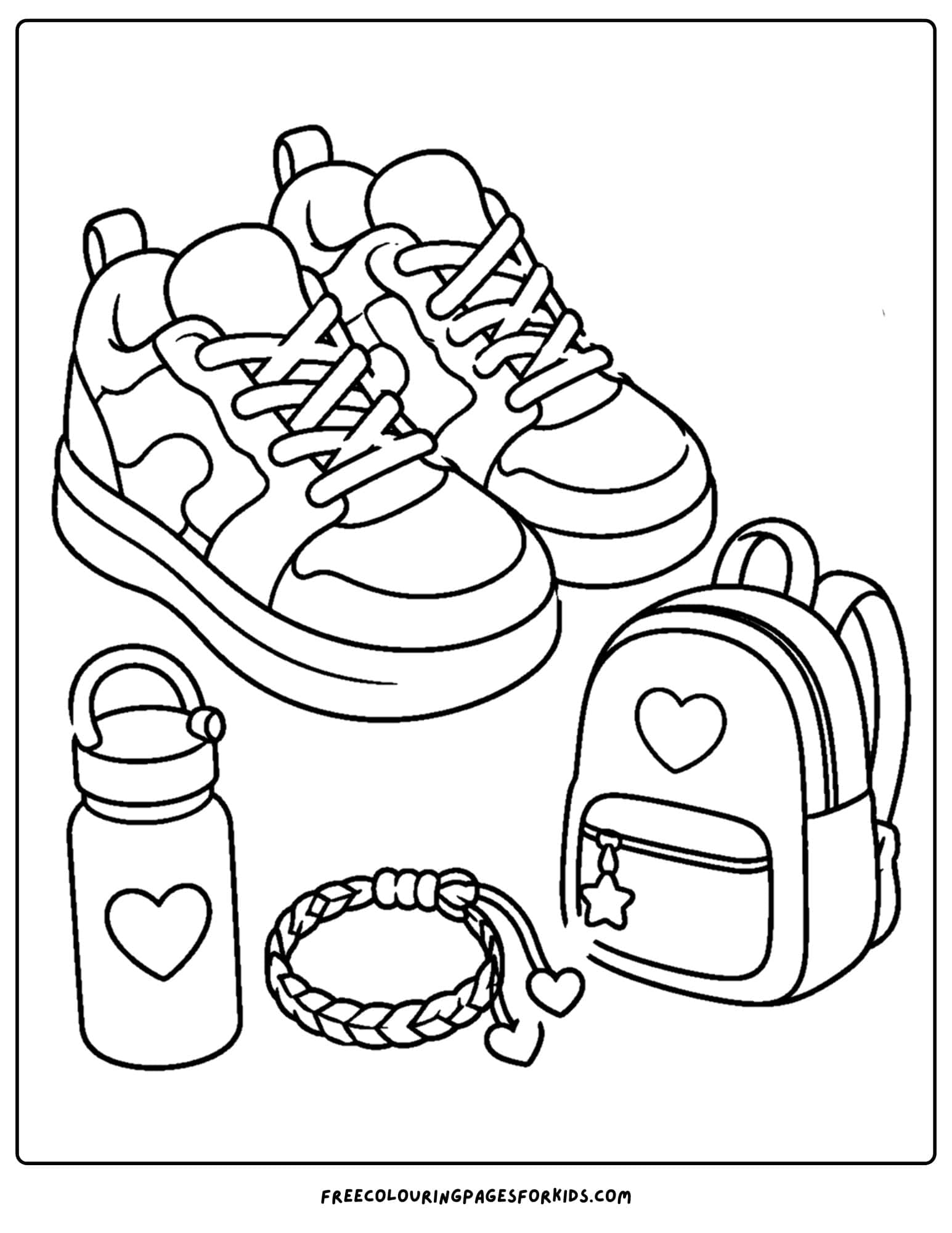 a y2k coloring page of chunky sneakers, a bag and bracelet