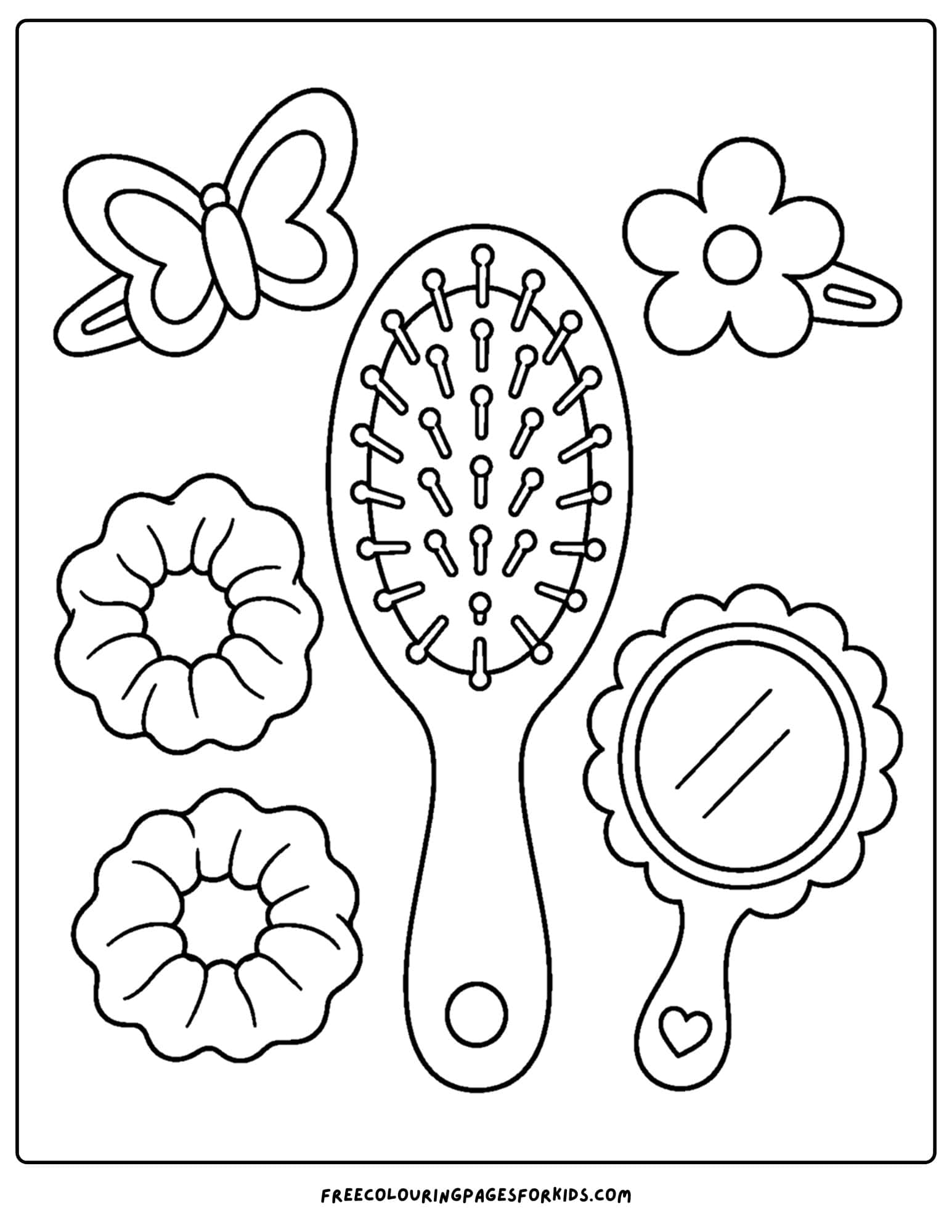 a y2k coloring page of a collection of hair accessories and a brush