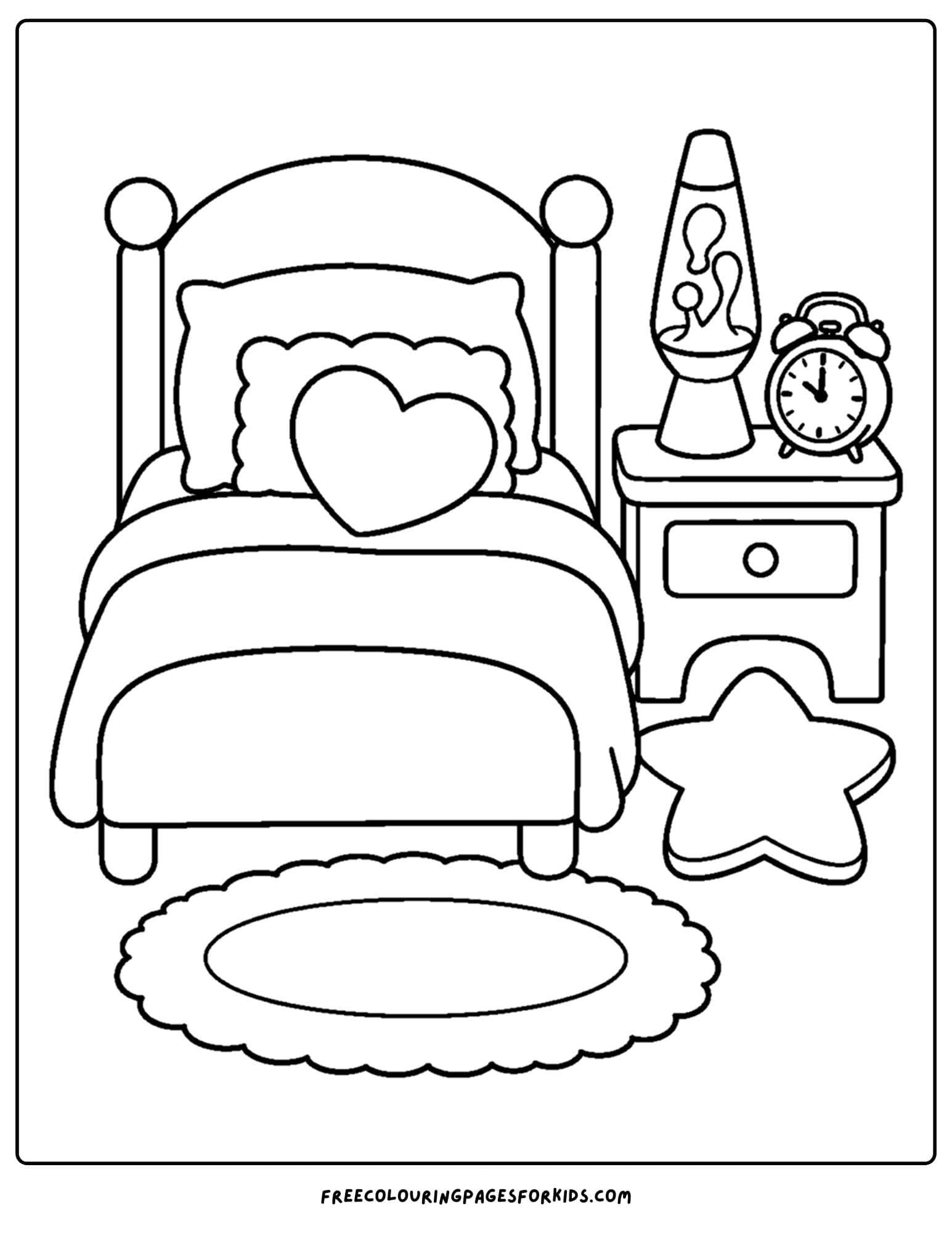 a y2k coloring page of a cozy bedroom scene