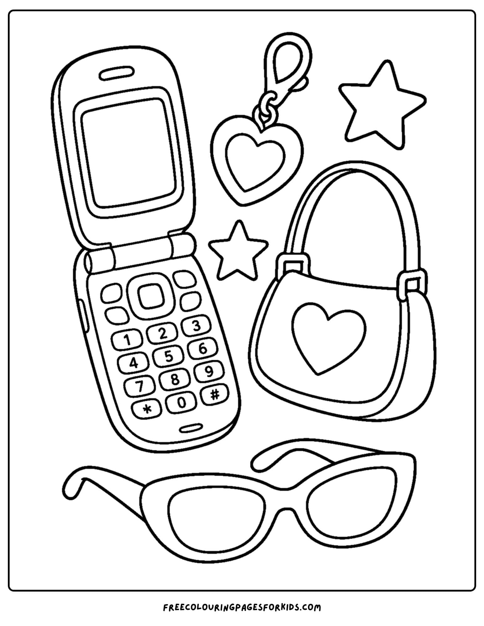 a y2k coloring page of a flip phone and purse