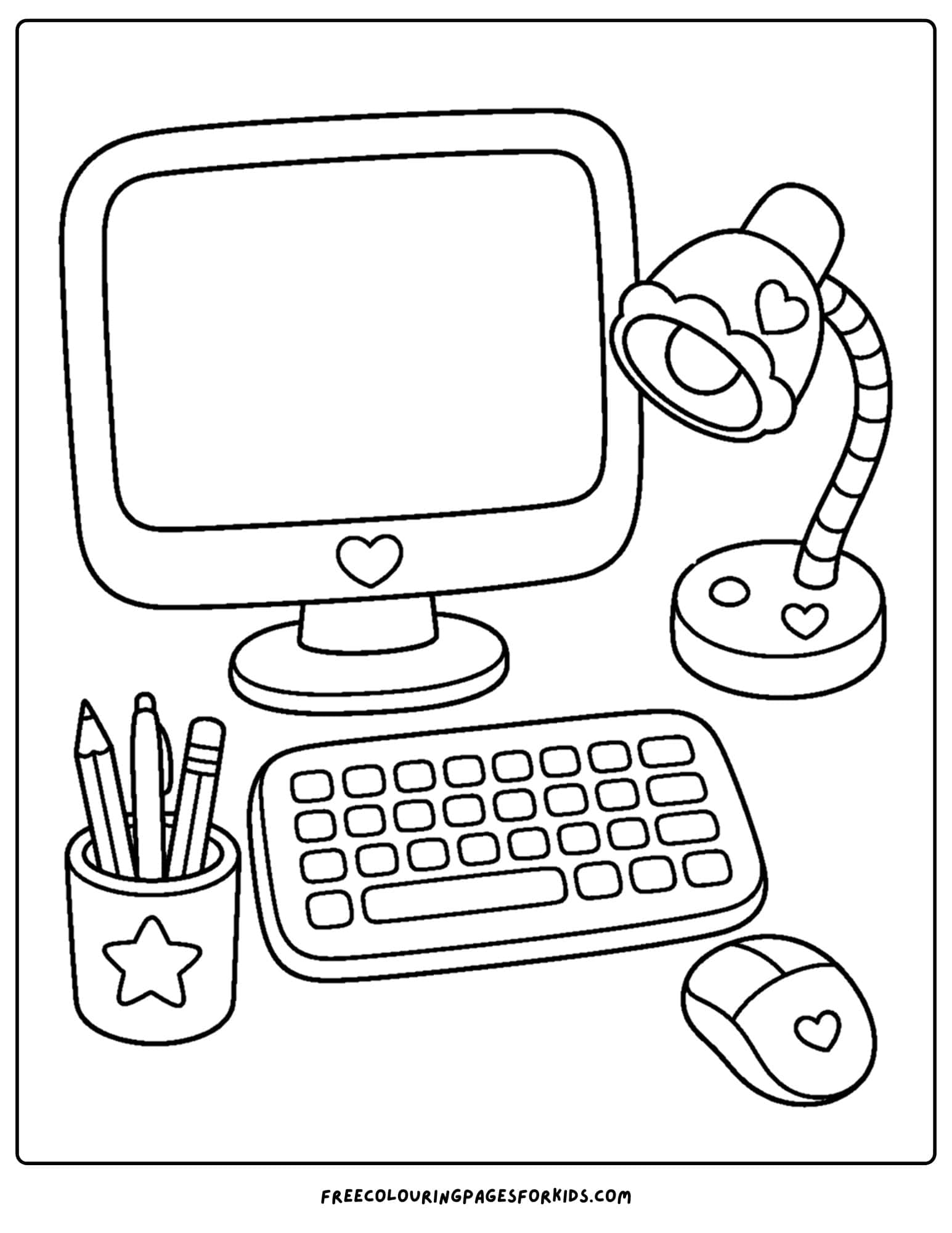 a y2k coloring page of a desk with an old computer and lamp