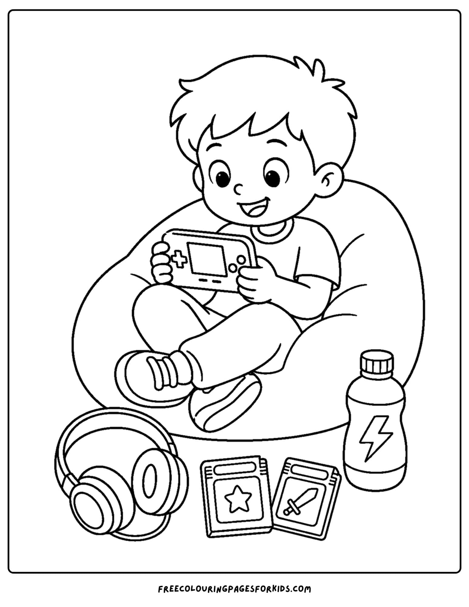 a y2k coloring page of a child playing a handheld game console