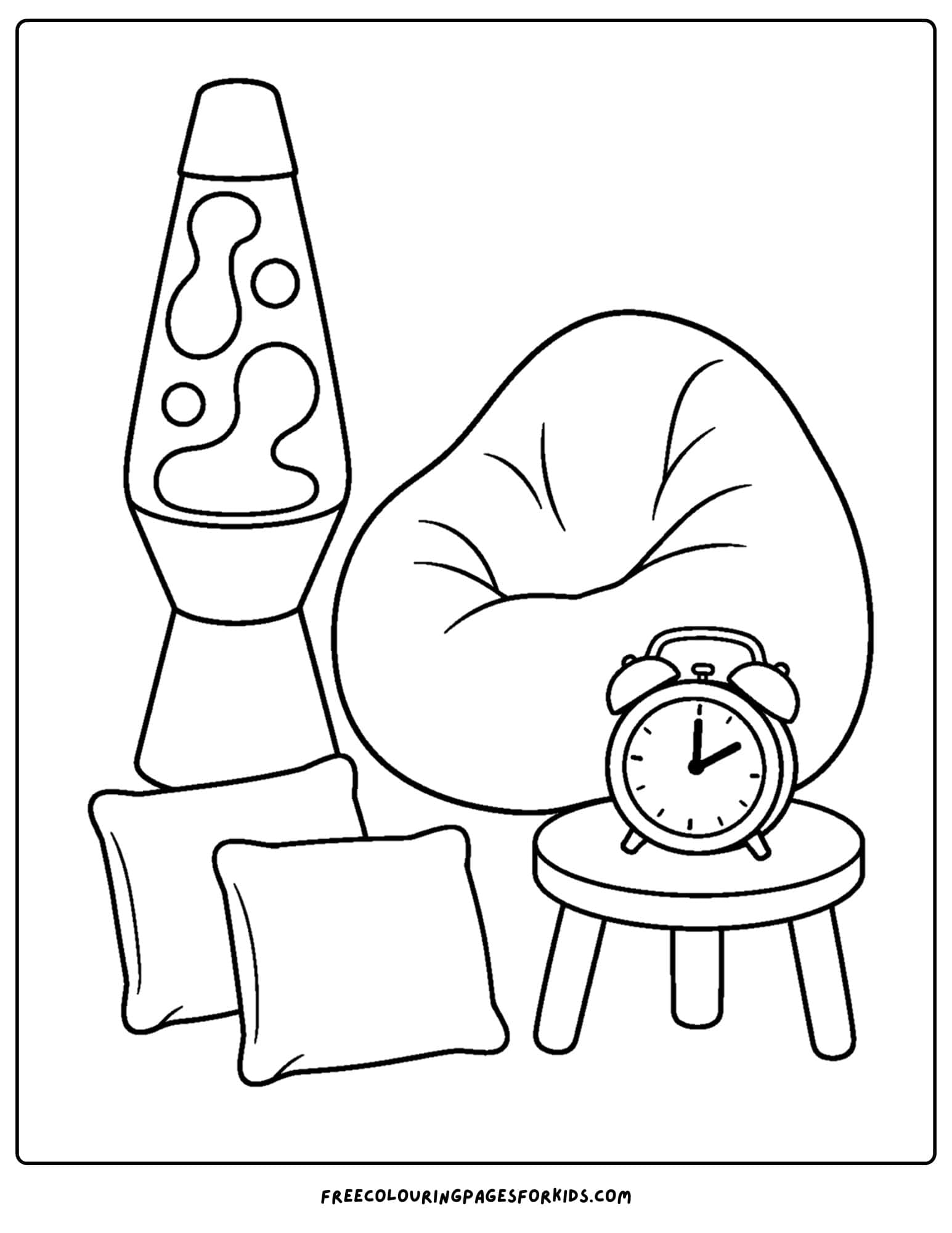 a y2k coloring page of a beanbag and lava lamp