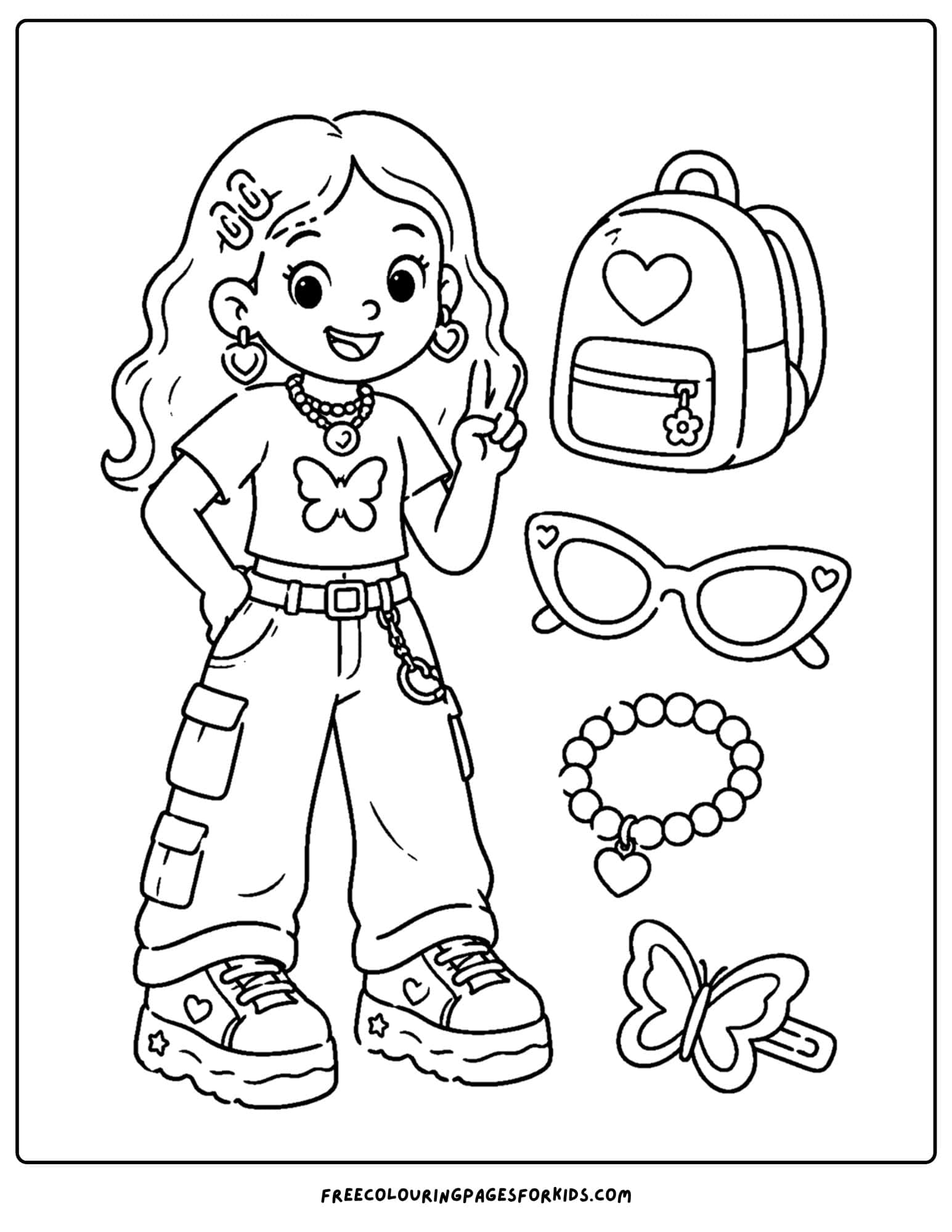 a y2k coloring page a girl modeling an outfit for the mall