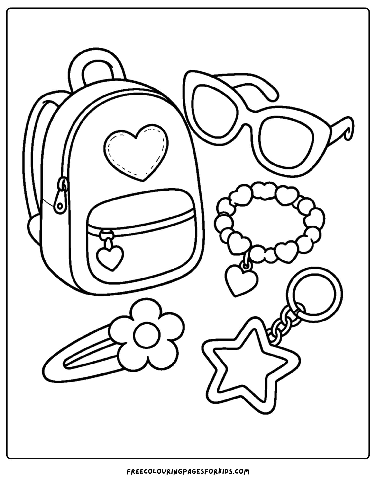 a y2k coloring page showing a mini backpack, sunglasses and a necklace