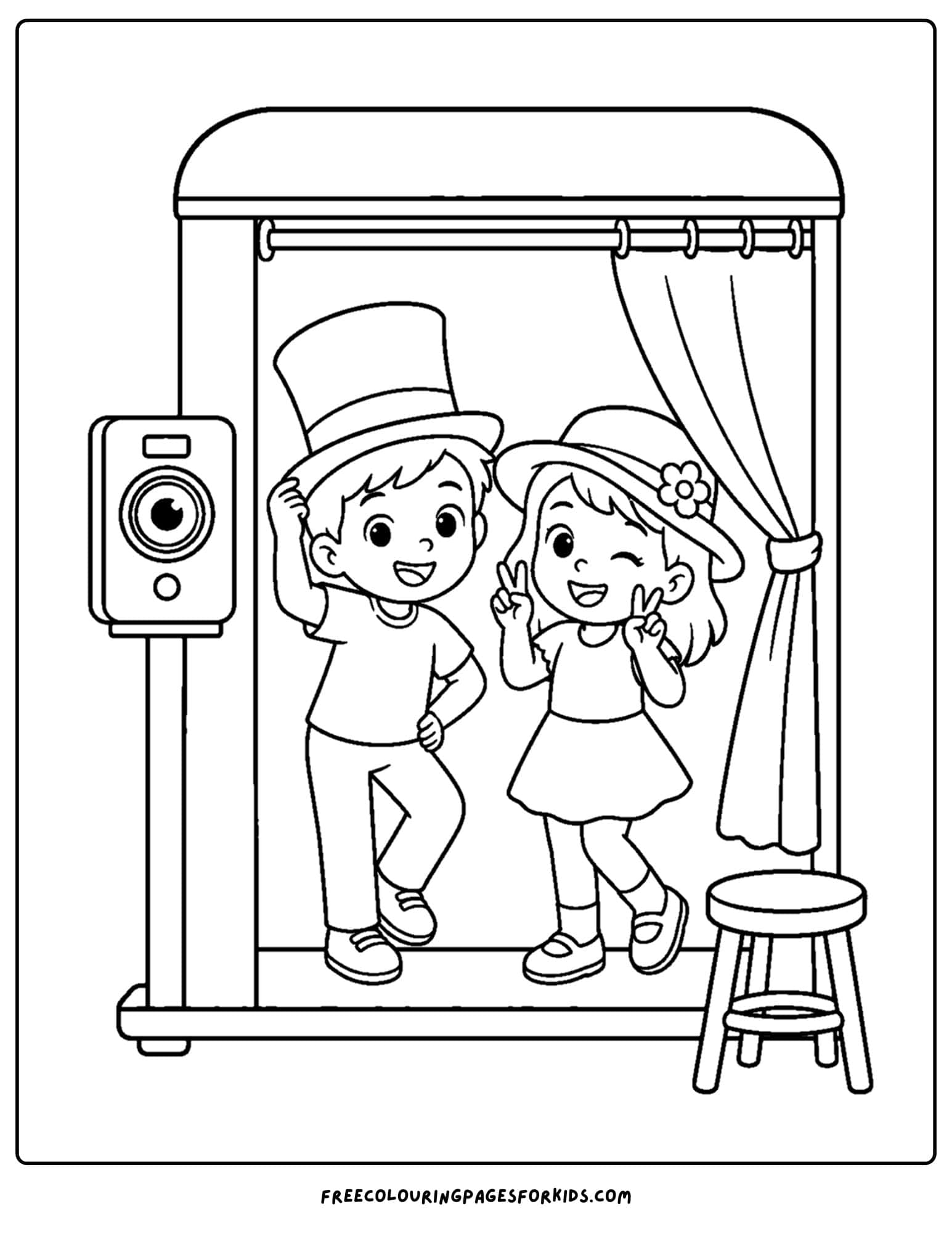 a y2k coloring page showing friends in a photobooth