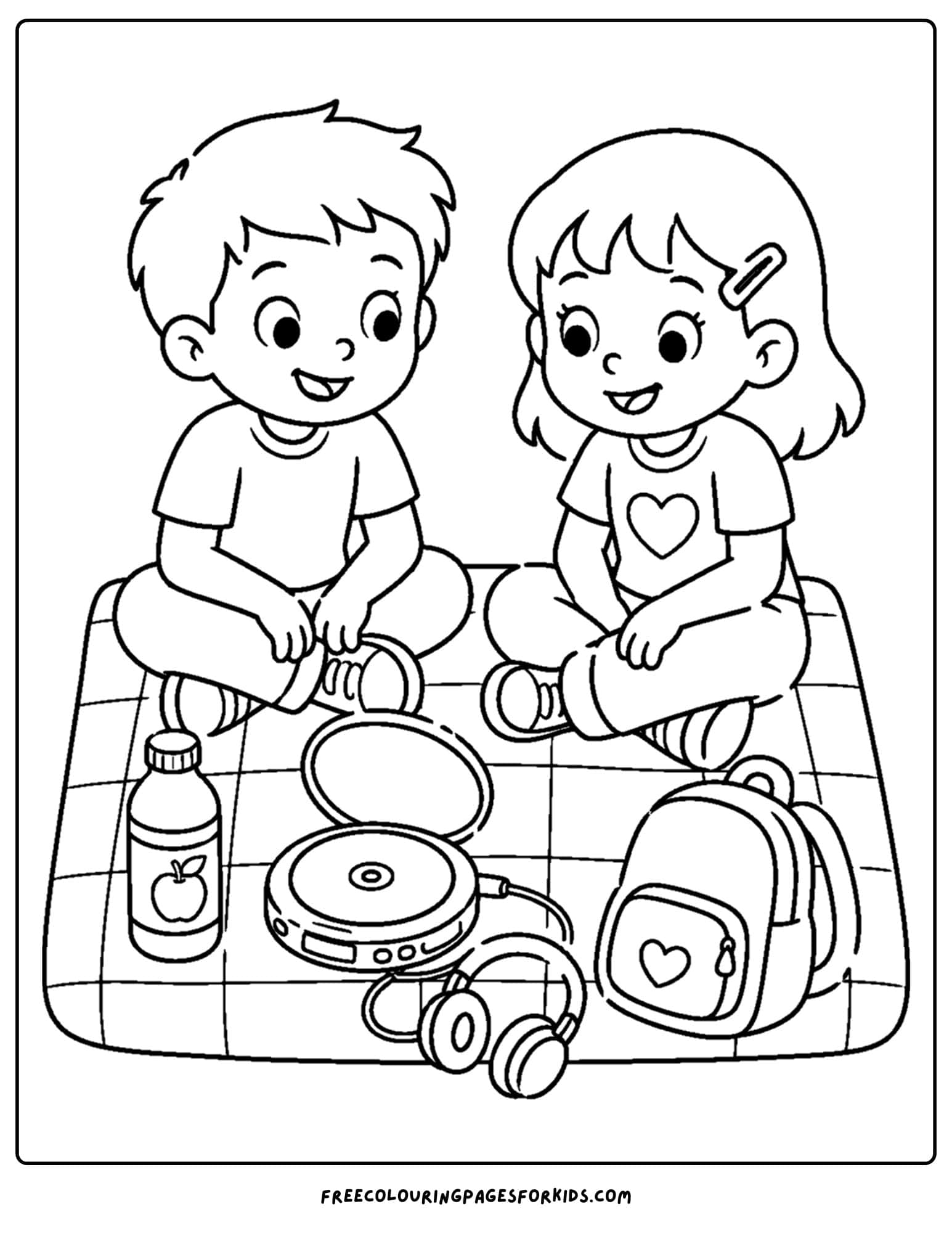 a y2k coloring page of kids having a picnic while listening to music on a discman