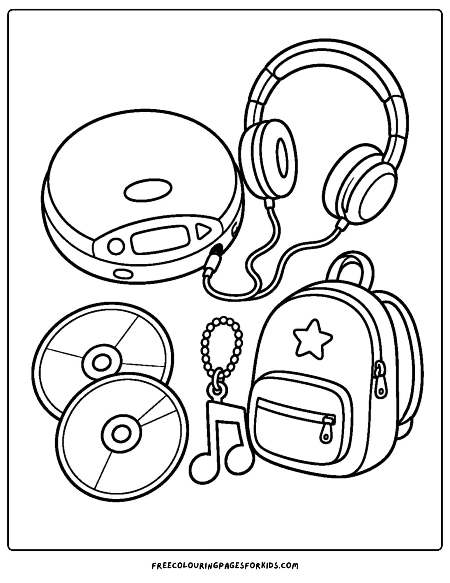 a y2k coloring page of a portable cd player, headphones and a backpack with cds