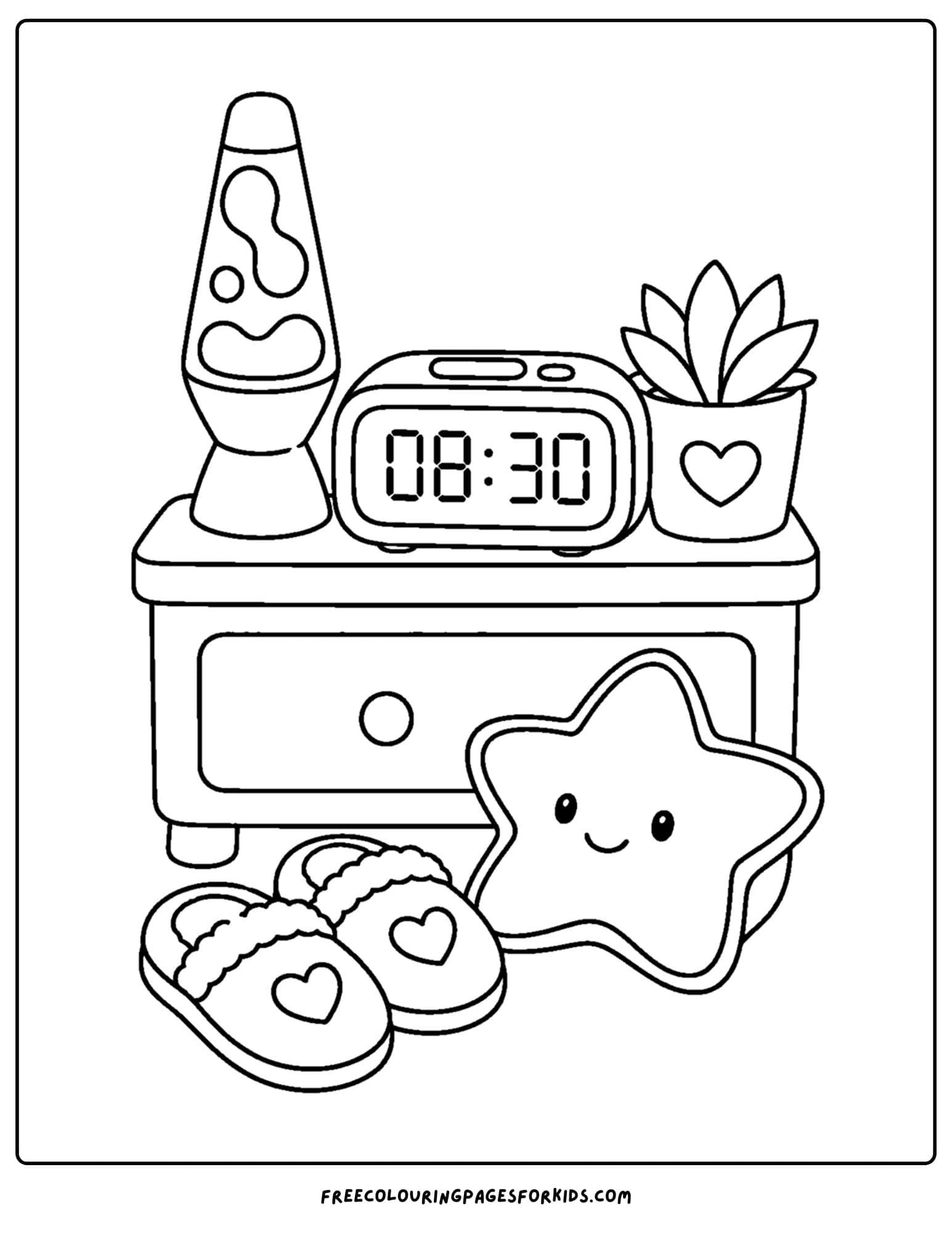 a y2k coloring page of an alarm clock and star pillow
