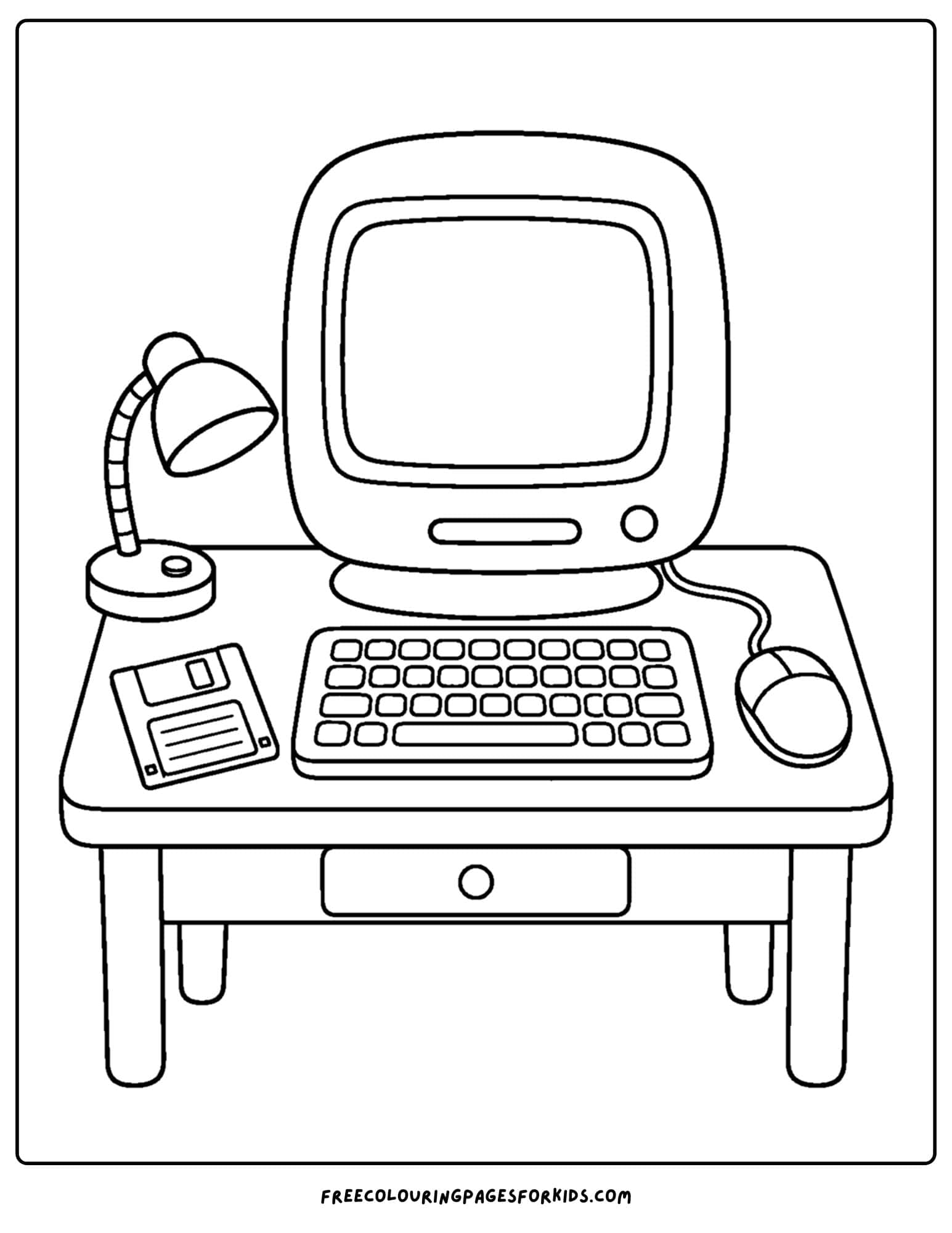 a y2k coloring page of an older desktop computer on a table