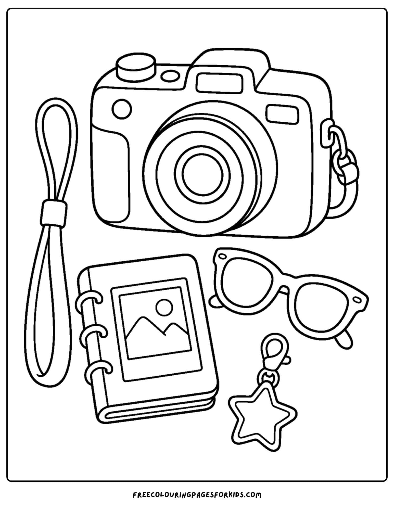 a y2k coloring page of a digital camera and notebook