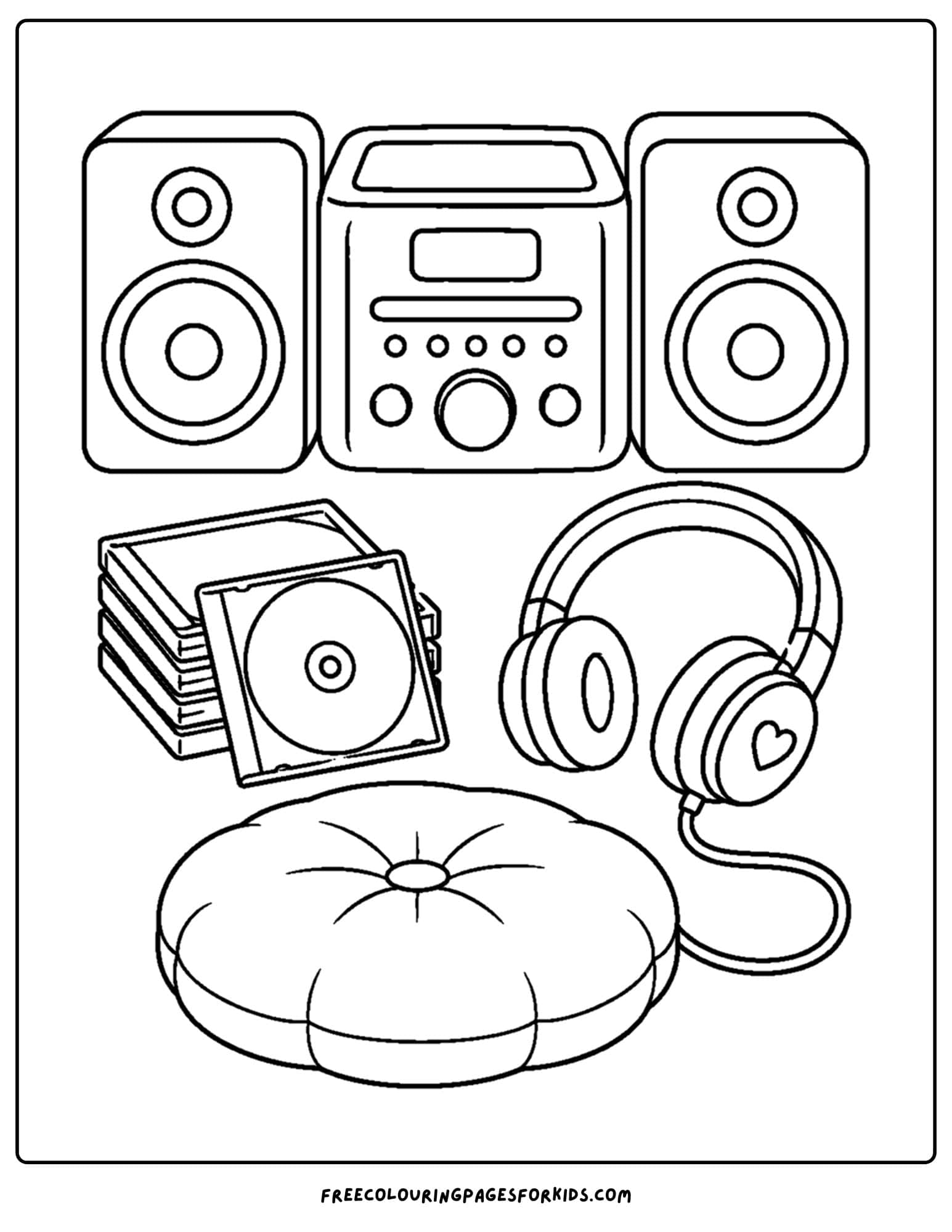 a y2k coloring page of a collection of music players with cds and a cushion