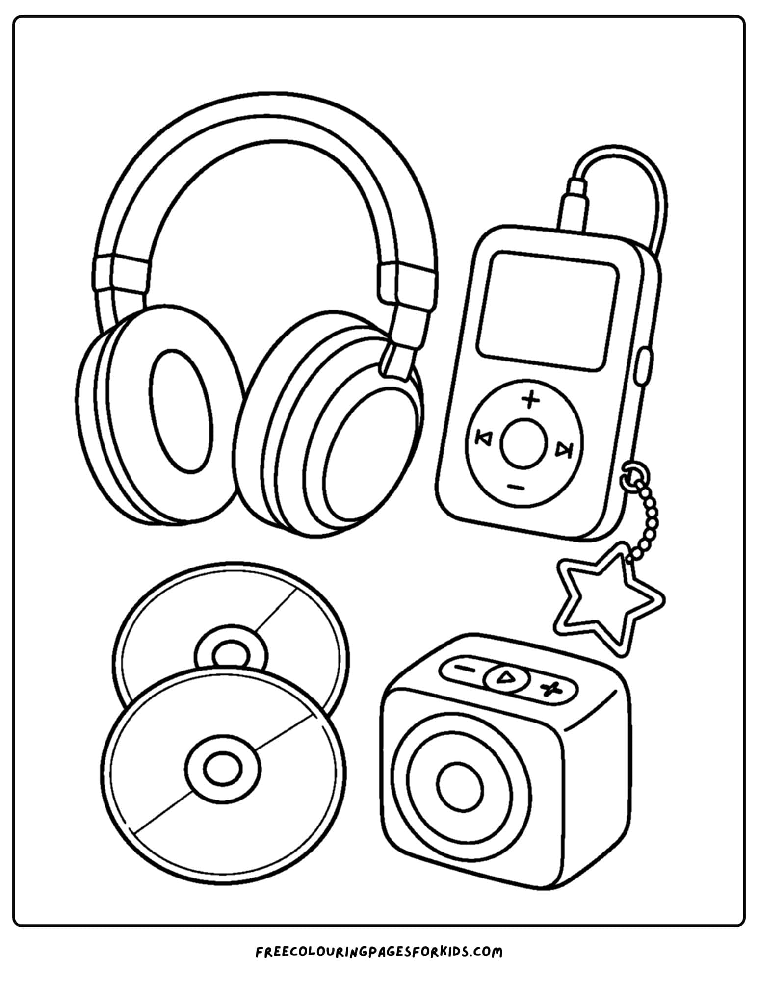 a y2k coloring page showing headphones and an ipod