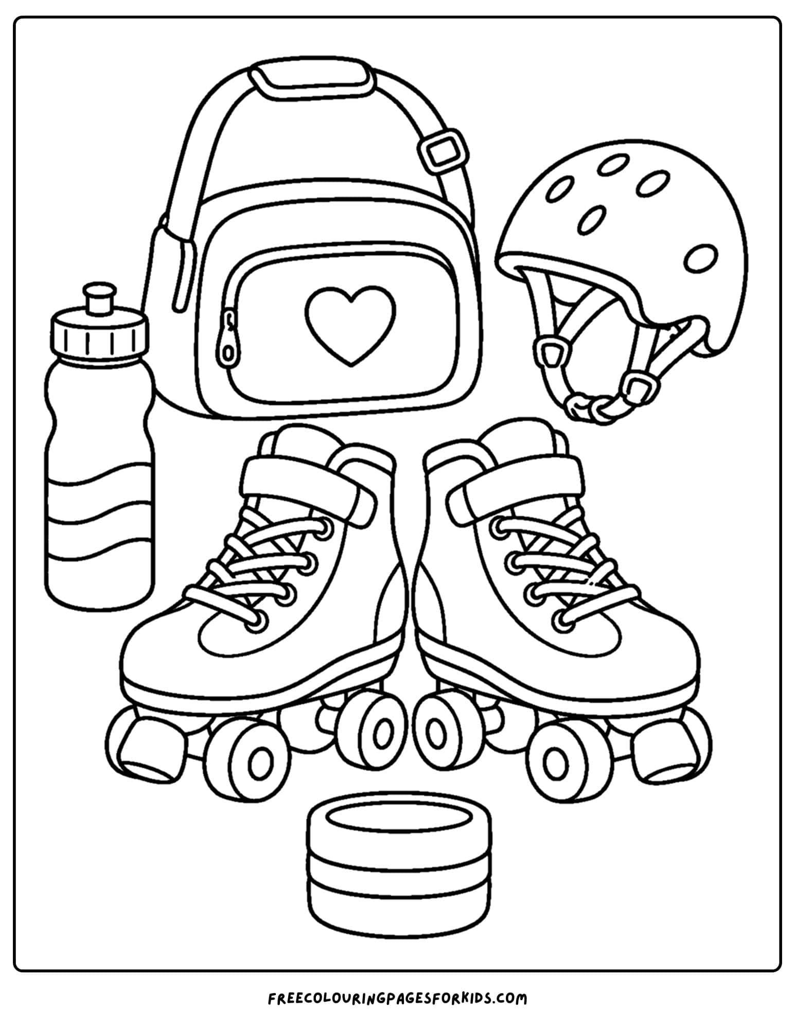 a y2k coloring page showing roller skates a helmet and a bag
