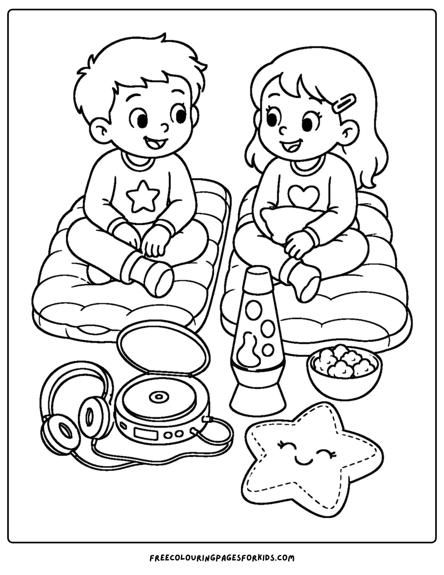 a y2k coloring page kids having a sleep over listing to a discman