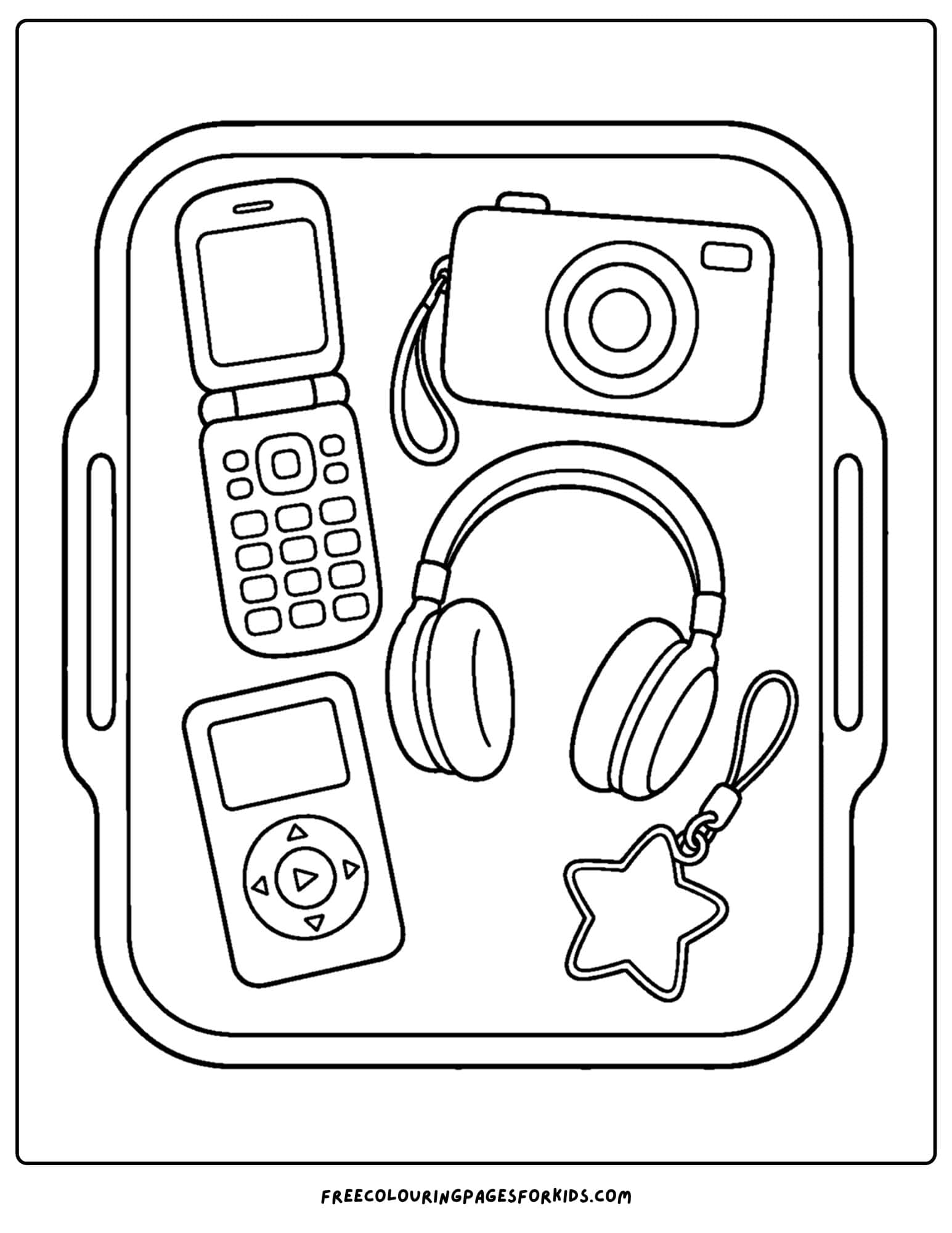 a y2k coloring page showing headphones, a flip phone, a digital camera and an ipod