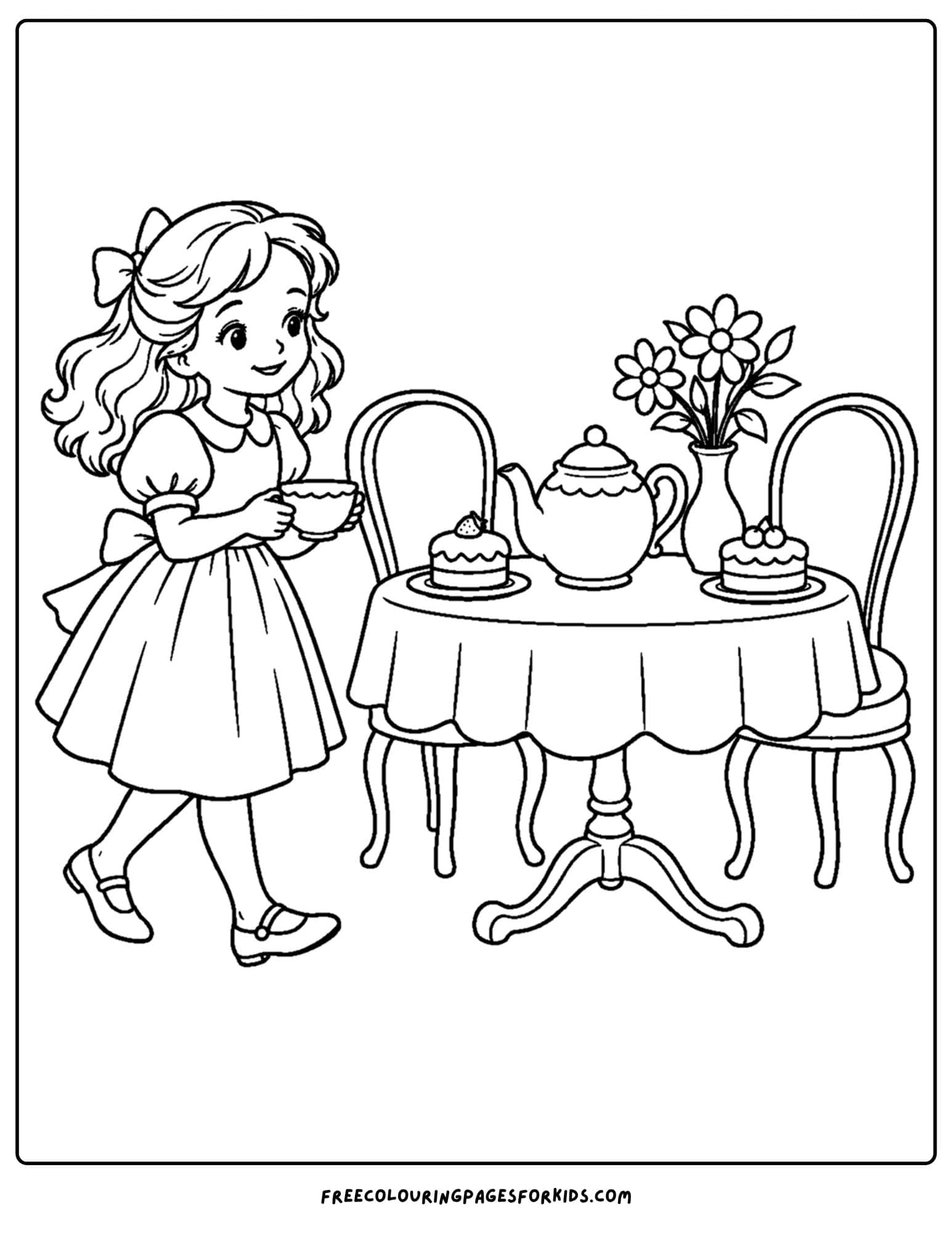 a coloring page of alice in wonderland carrying a teacup