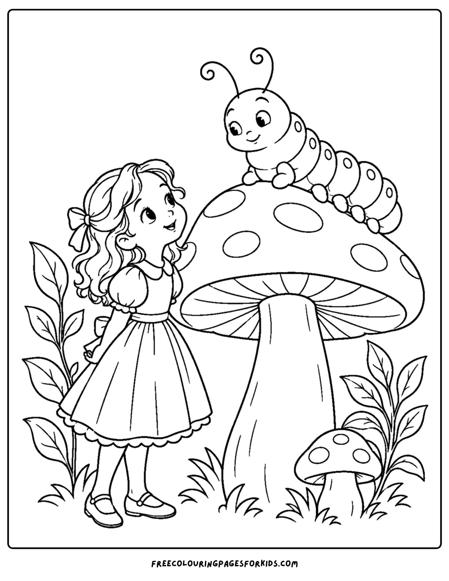 a coloring page of alice in wonderland meeting a caterpillar