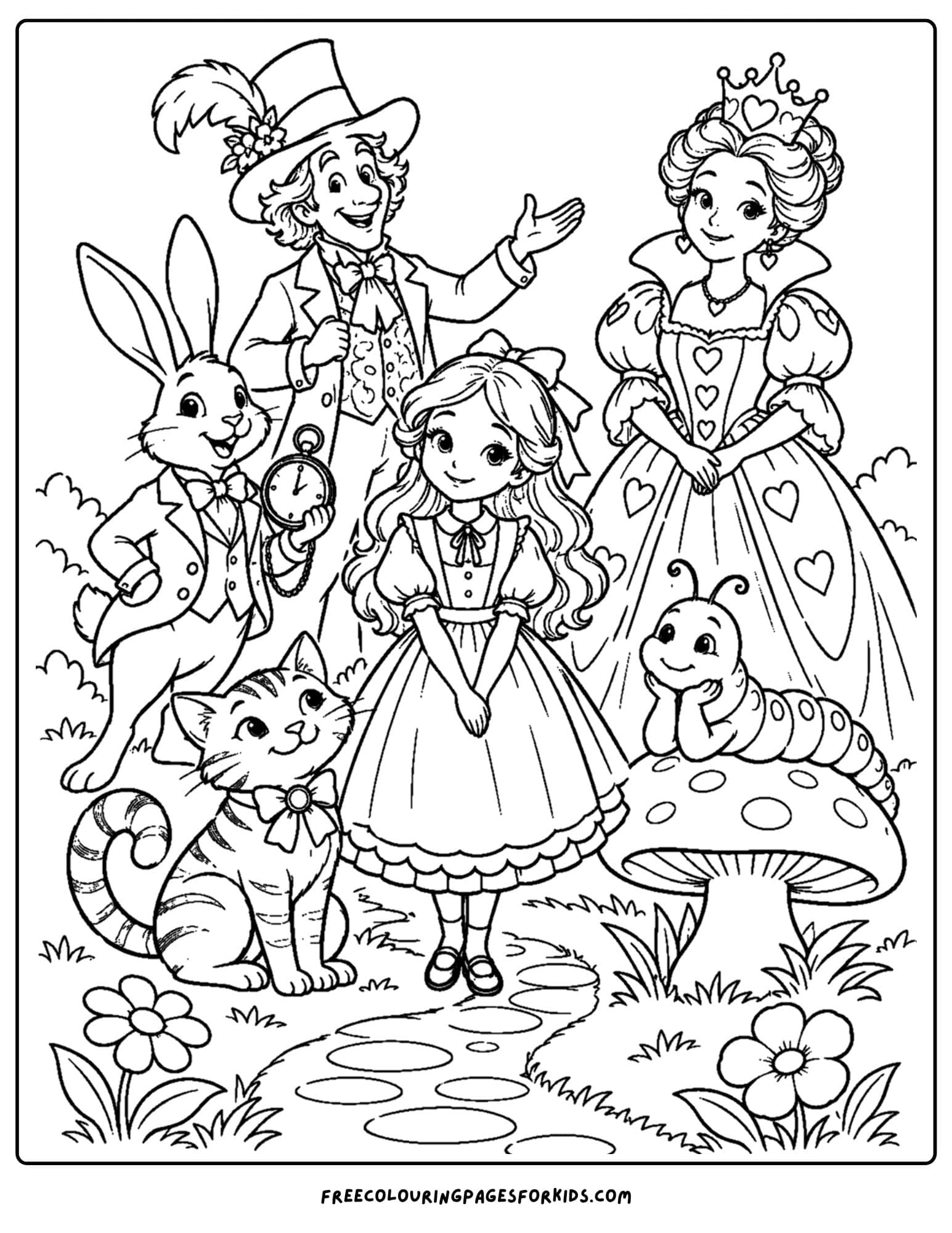 a coloring page of alice in wonderland characters