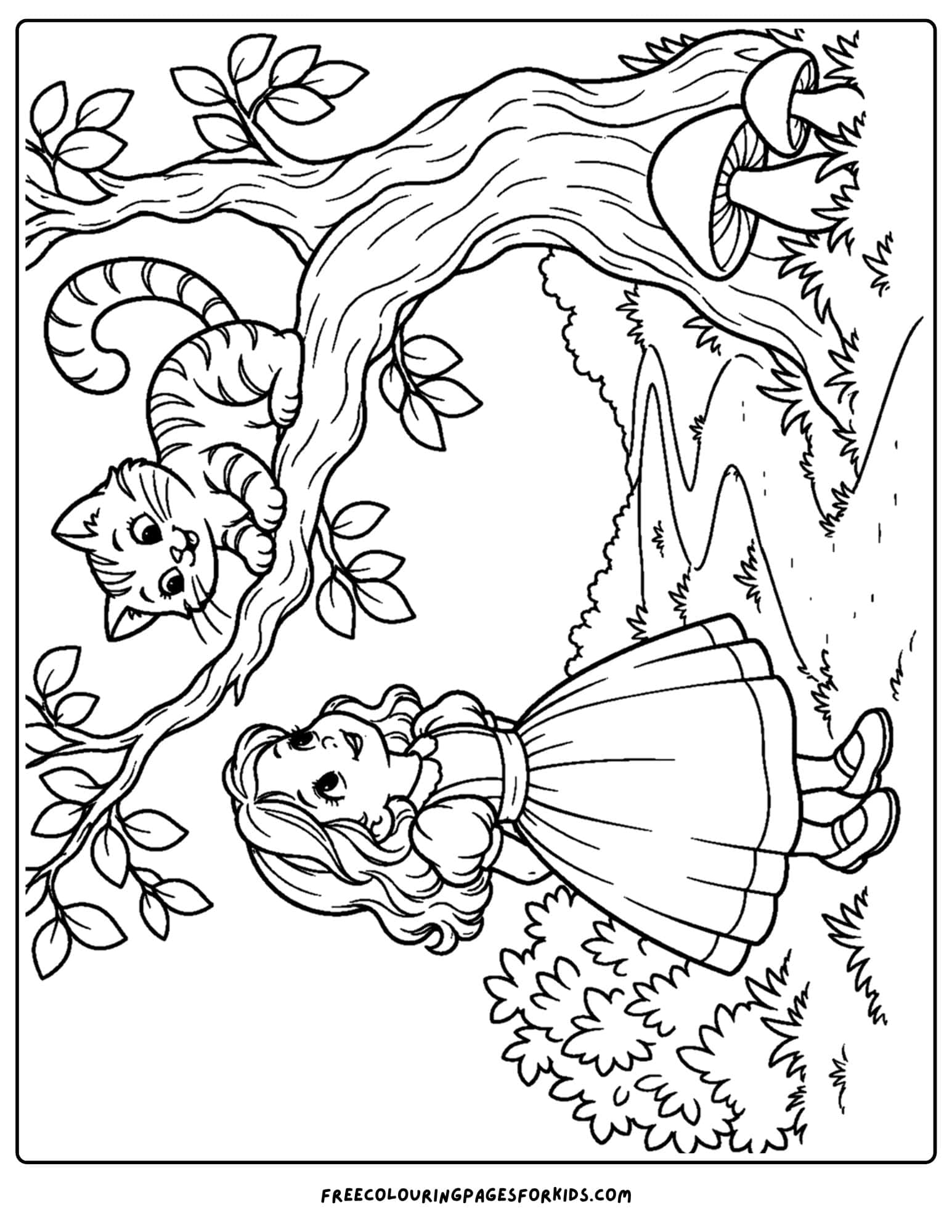 a coloring page of alice in wonderland's cheshire cat and alice