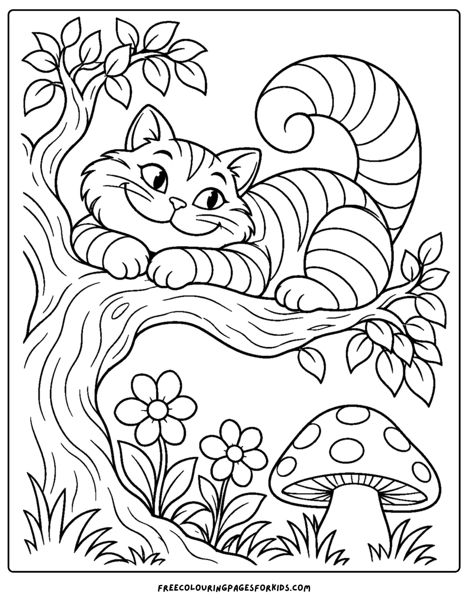 a coloring page of alice in wonderland showing the cheshire cat in a tree