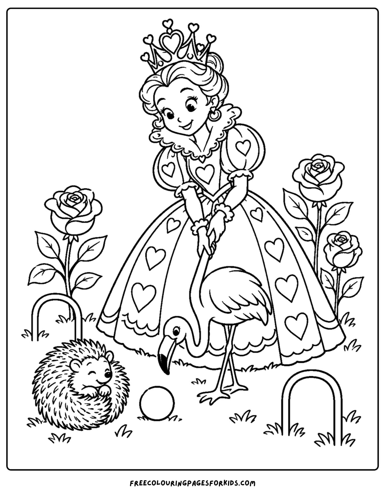 a coloring page of alice in wonderland of the queen playing croquet