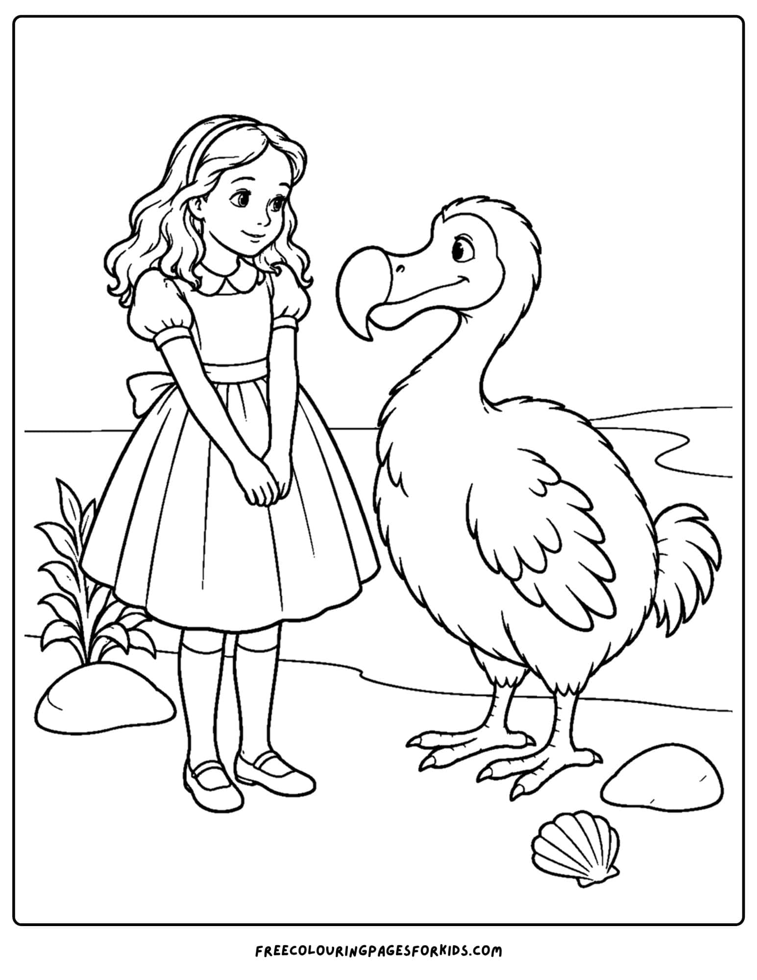 a coloring page of alice in wonderland meeting a dodo