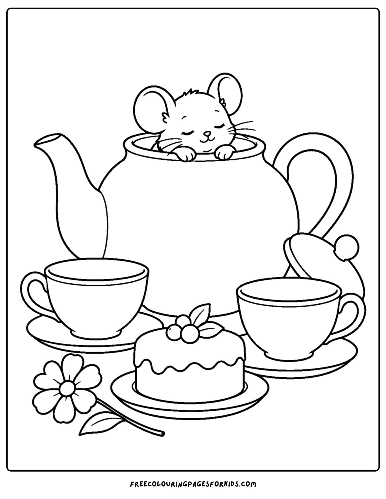 a coloring page of alice in wonderland of a dormouse teapot