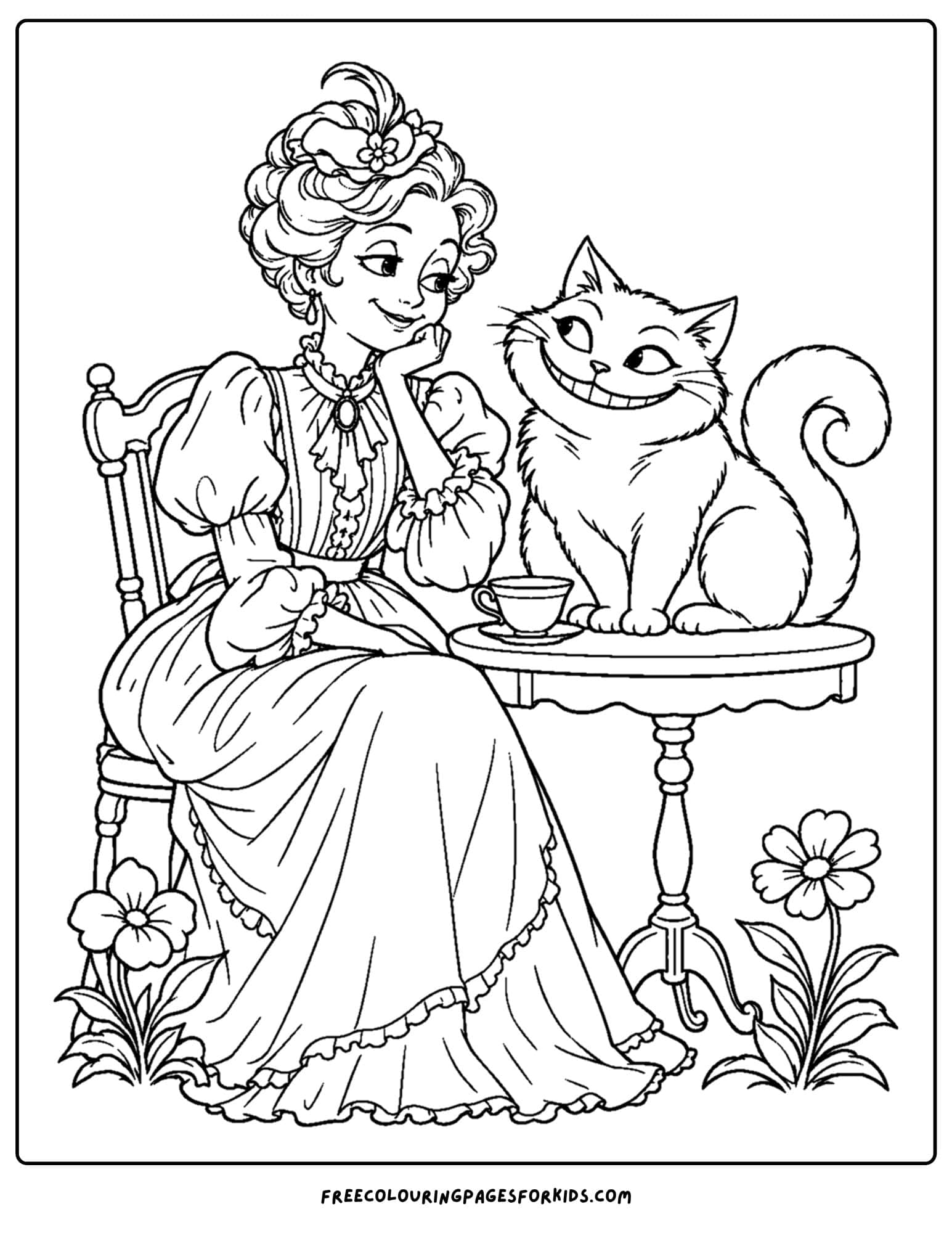a coloring page of alice in wonderland of the duchess and the cheshire cat