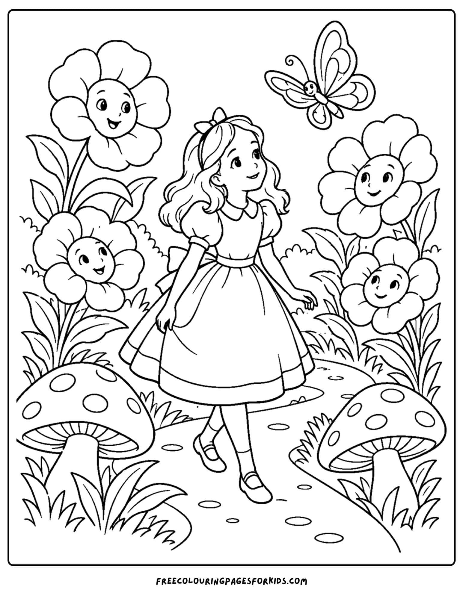a coloring page of alice in wonderland surrounded by flowers