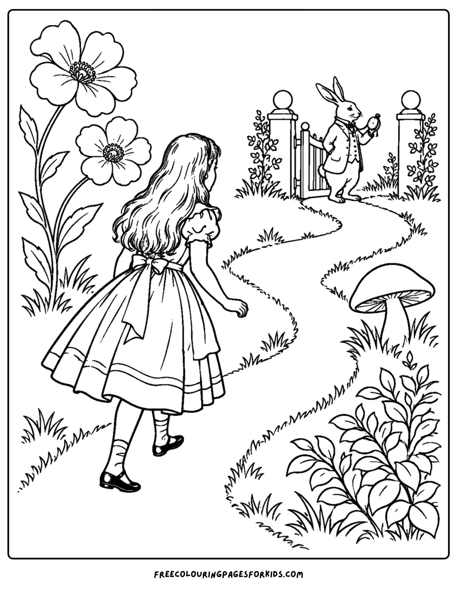 a coloring page of alice in wonderland following the rabbit