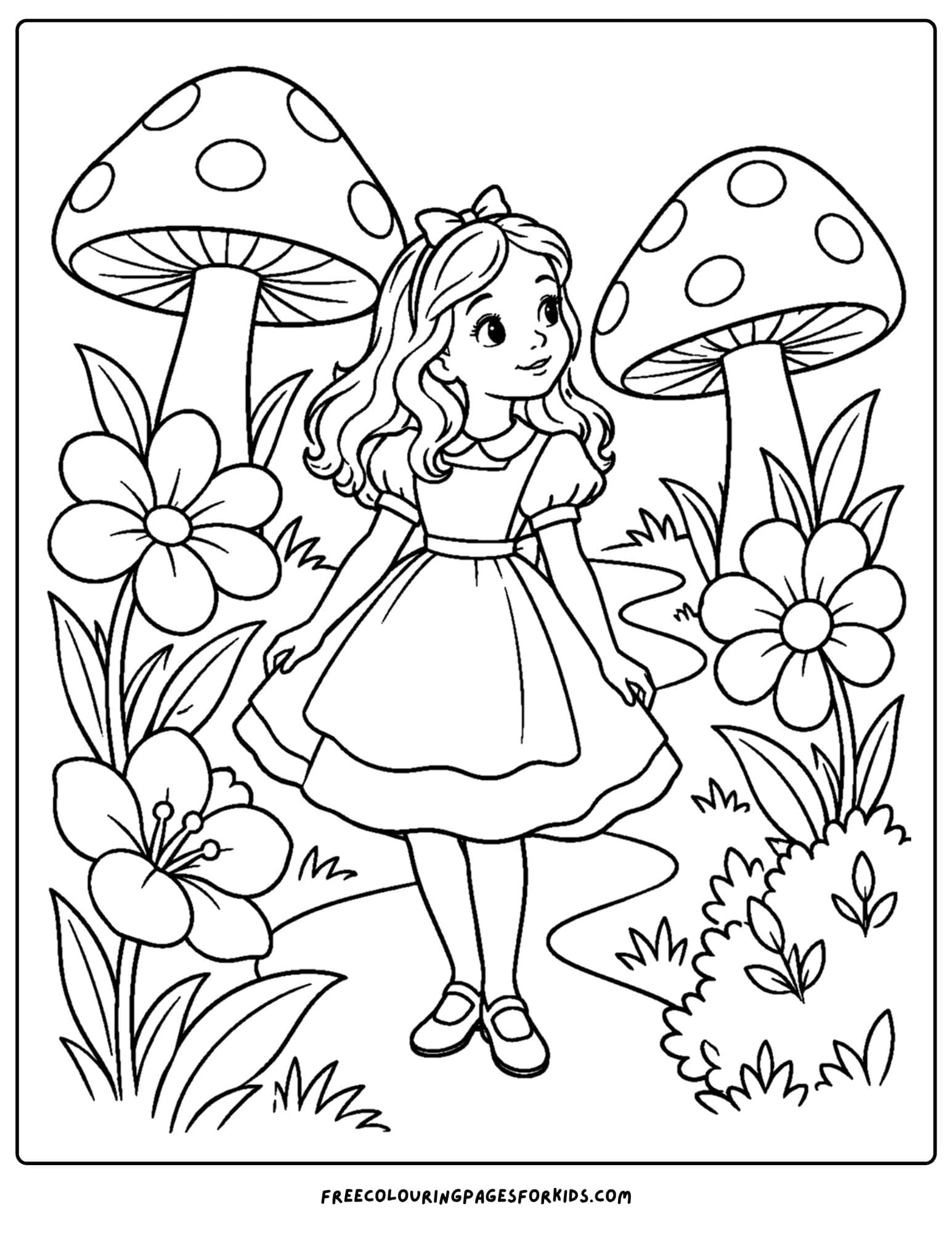 a coloring page of alice in wonderland in a garden
