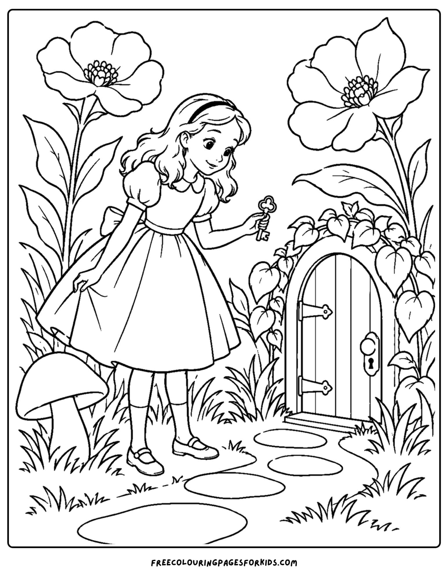 a coloring page of alice in wonderland at the garden door