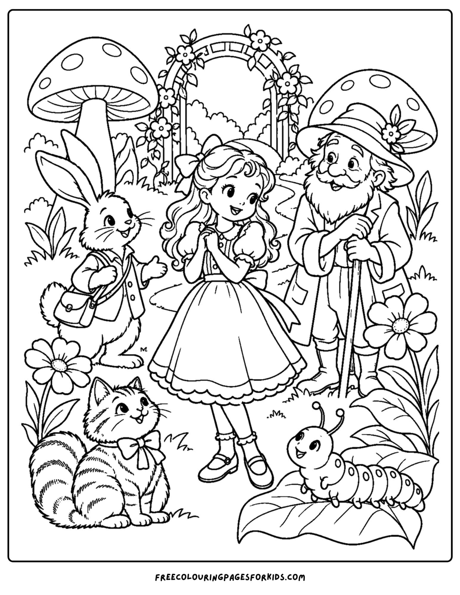 a coloring page of alice in wonderland meeting friends in the garden