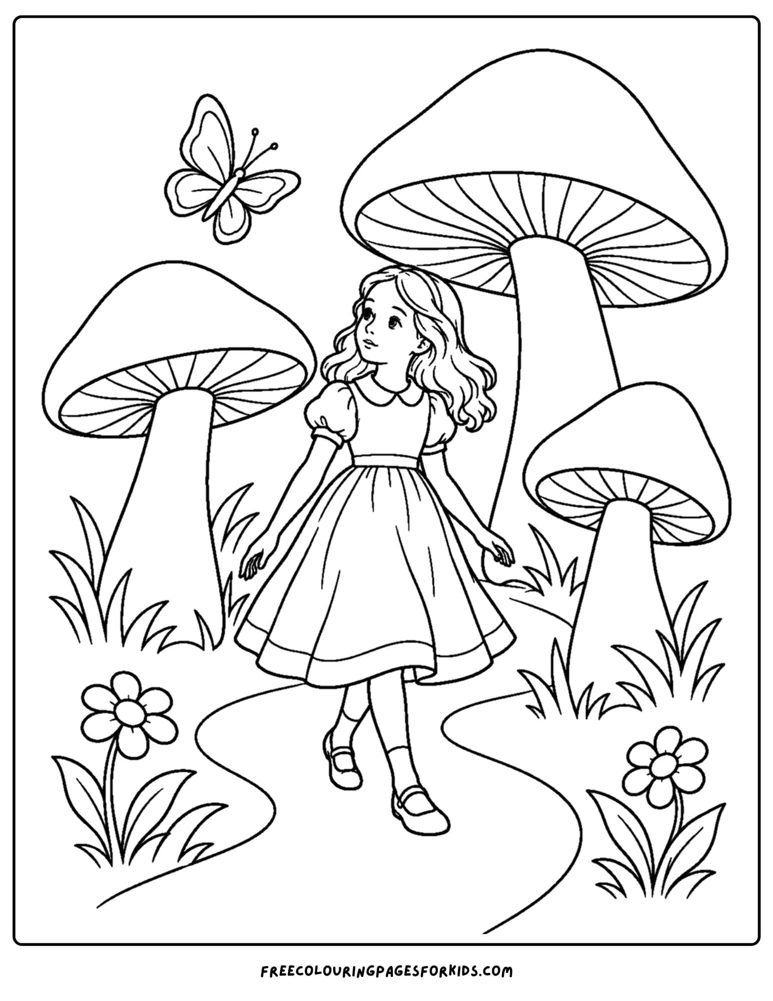 a coloring page of alice in wonderland walking under giant mushrooms