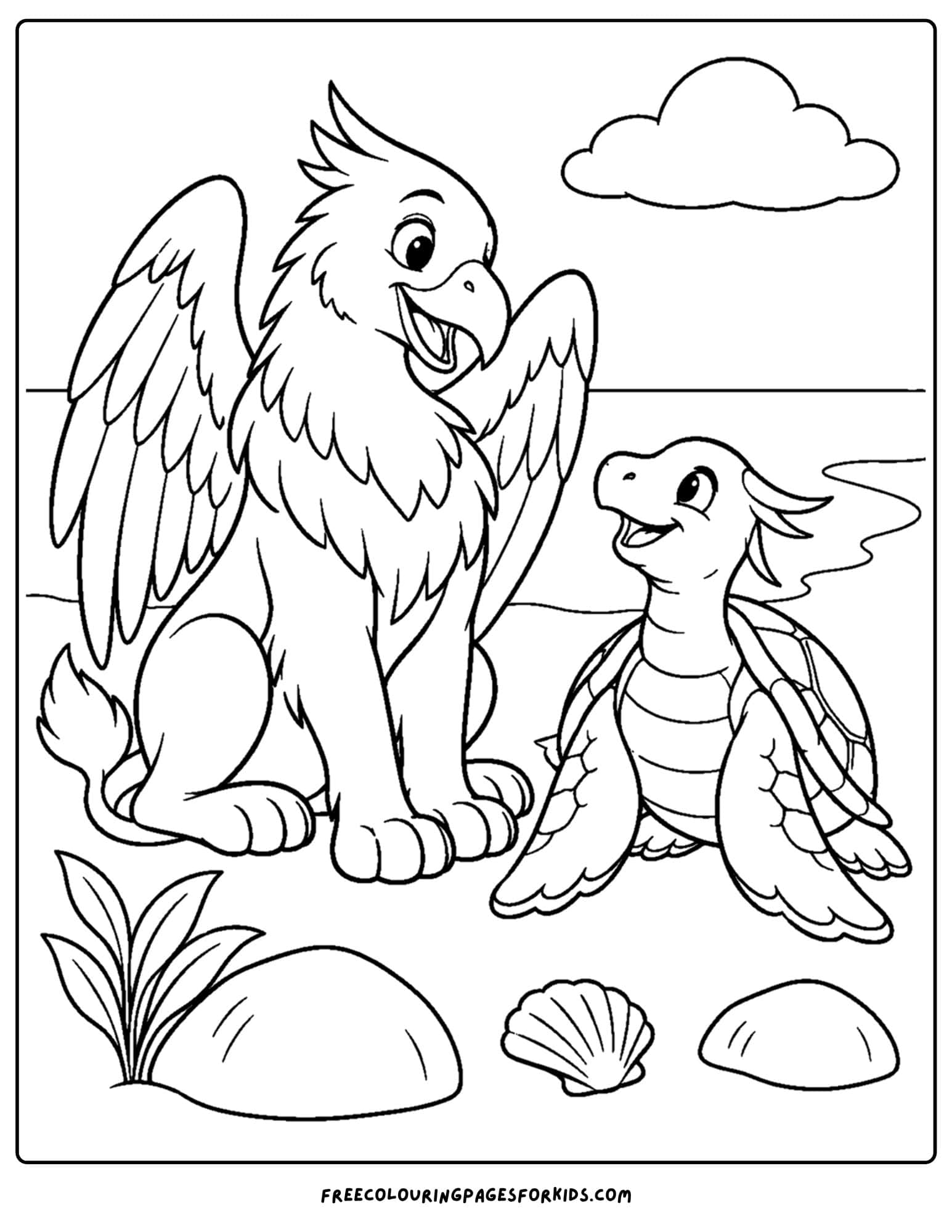a coloring page of alice in wonderland's turtle and gryphon