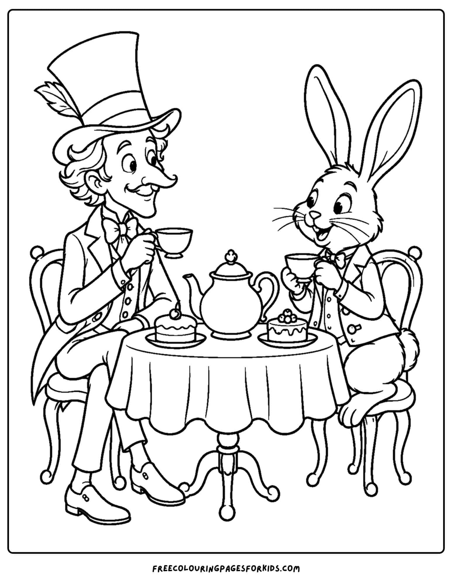 a coloring page of alice in wonderland with the mad hatter and hare